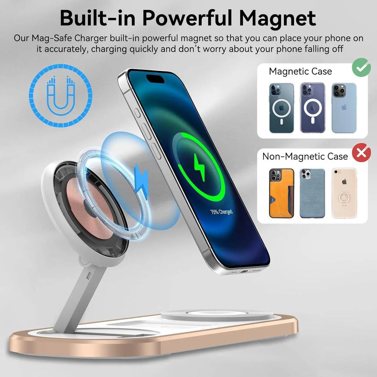 Alt view image 3 of 7 - 3 in 1 Wireless Charger for iPhone Foldable Charging Station for Magsafe for iPhone 16/15/14/13/12/Pro Max/Pro/Mini/Plus Apple Watch 10/9/8/7/SE/6/5/4/3/2/1/Ultra2/Ultra /2/3/4 (Golden)