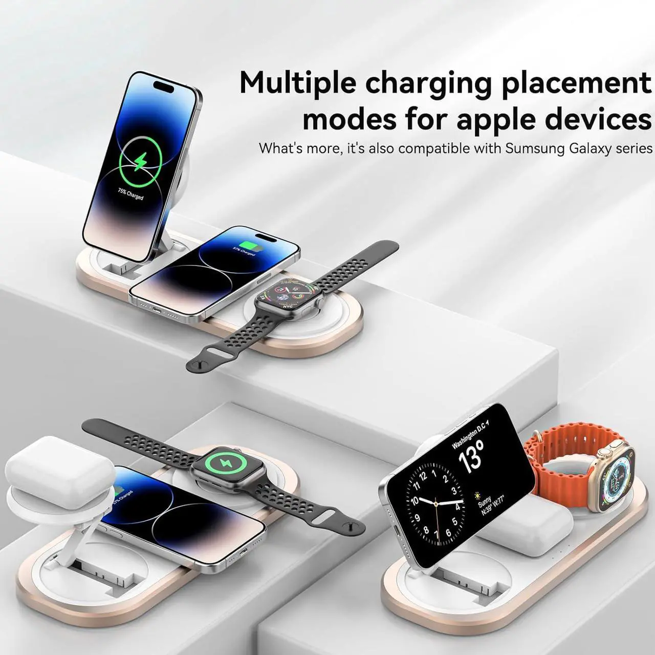 Alt view image 4 of 7 - 3 in 1 Wireless Charger for iPhone Foldable Charging Station for Magsafe for iPhone 16/15/14/13/12/Pro Max/Pro/Mini/Plus Apple Watch 10/9/8/7/SE/6/5/4/3/2/1/Ultra2/Ultra /2/3/4 (Golden)