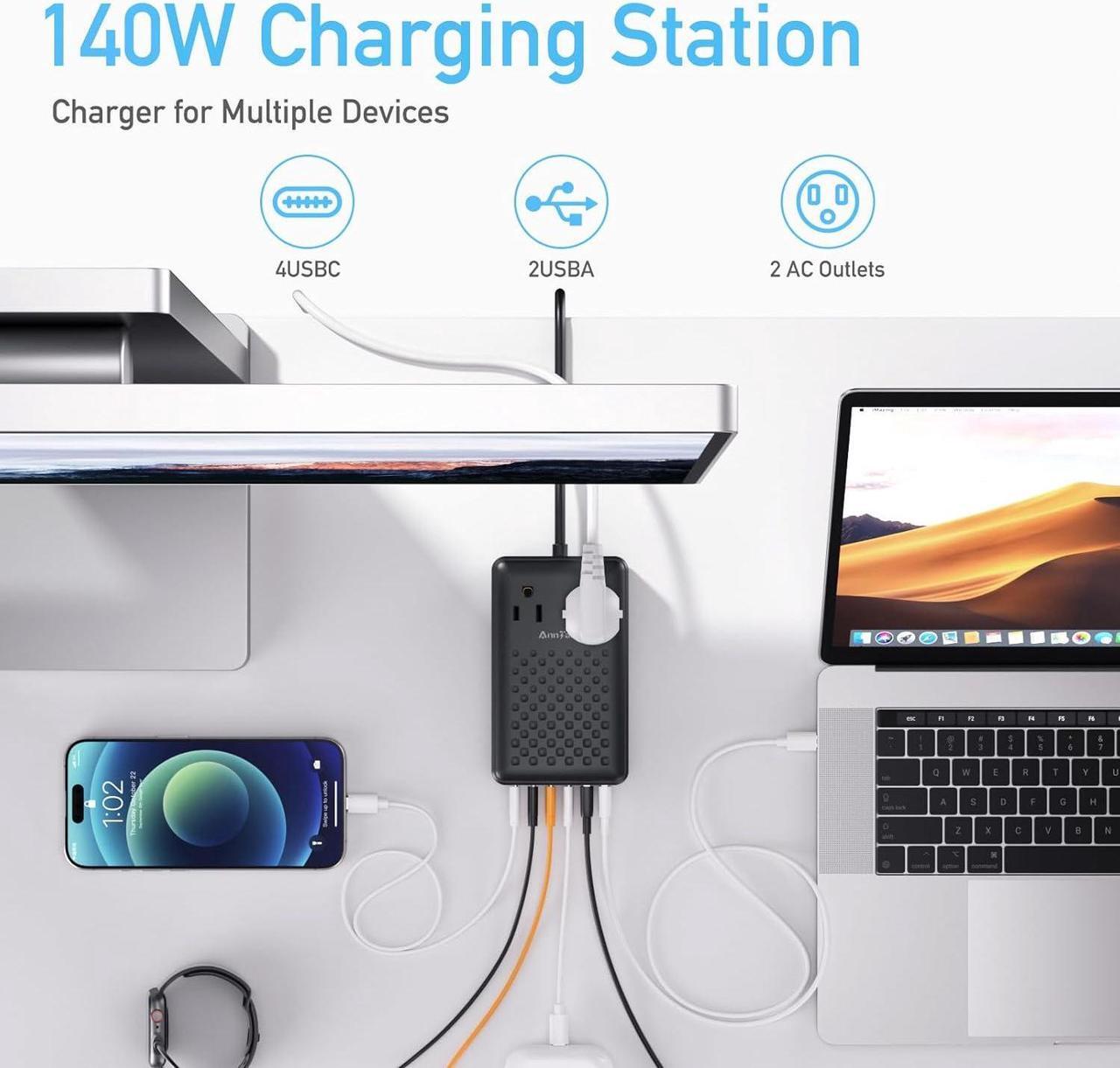 Alt view image 2 of 7 - Charging Station 140W USB C Charger Block 8 Port Fast Charging Power Strip 5ft Flat Extension Cord with 4 USB C 2 USB A Ports 2 AC Outlets Compatible with iPhone 15/14/13 MacBook Pro/Air