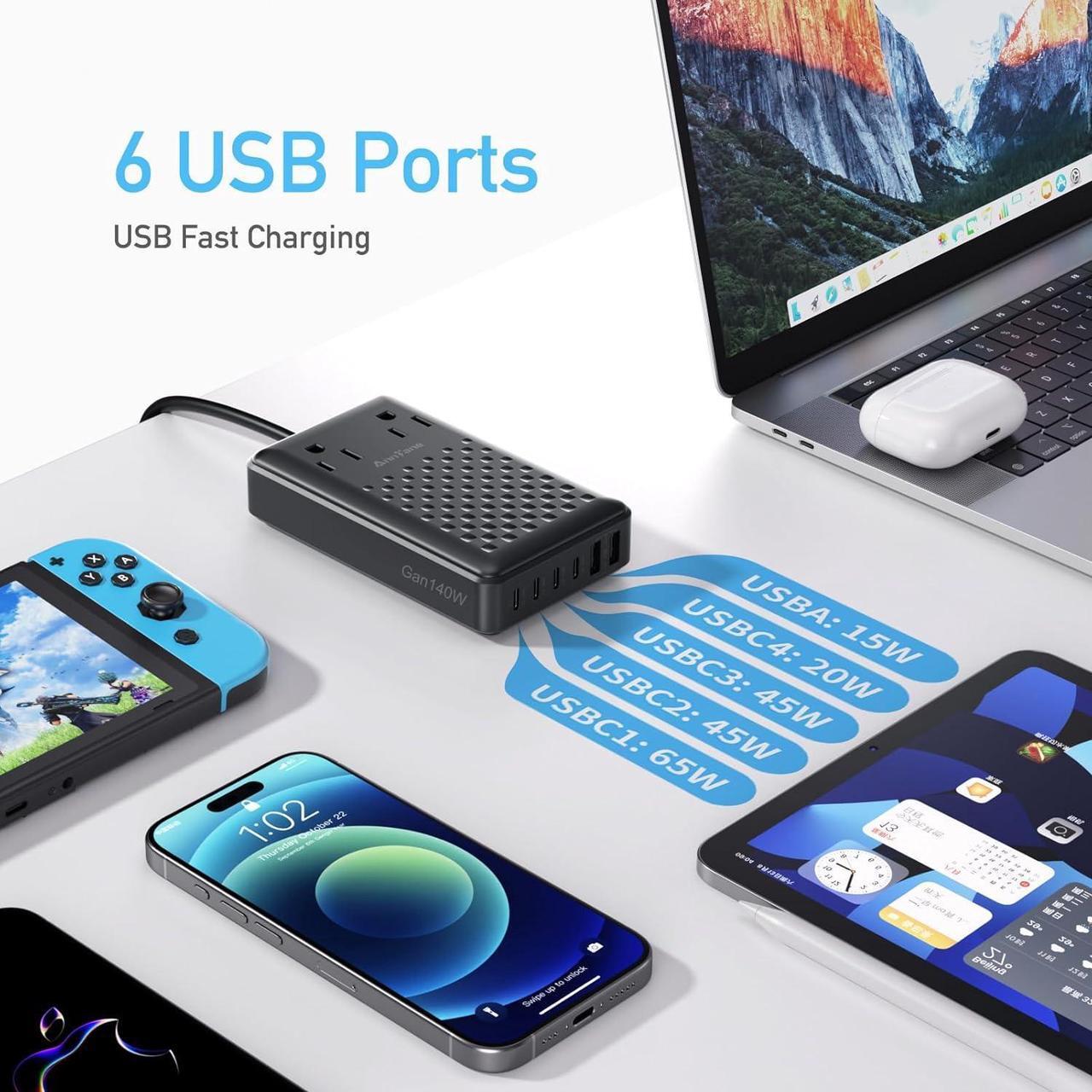 Alt view image 3 of 7 - Charging Station 140W USB C Charger Block 8 Port Fast Charging Power Strip 5ft Flat Extension Cord with 4 USB C 2 USB A Ports 2 AC Outlets Compatible with iPhone 15/14/13 MacBook Pro/Air