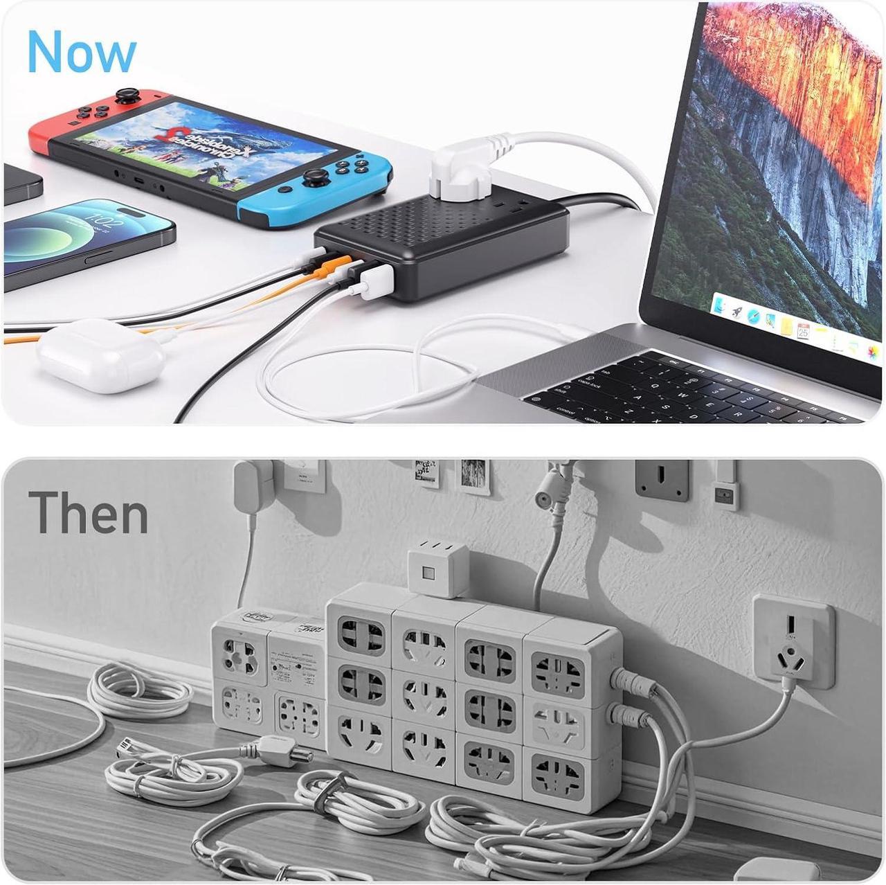 Alt view image 6 of 7 - Charging Station 140W USB C Charger Block 8 Port Fast Charging Power Strip 5ft Flat Extension Cord with 4 USB C 2 USB A Ports 2 AC Outlets Compatible with iPhone 15/14/13 MacBook Pro/Air
