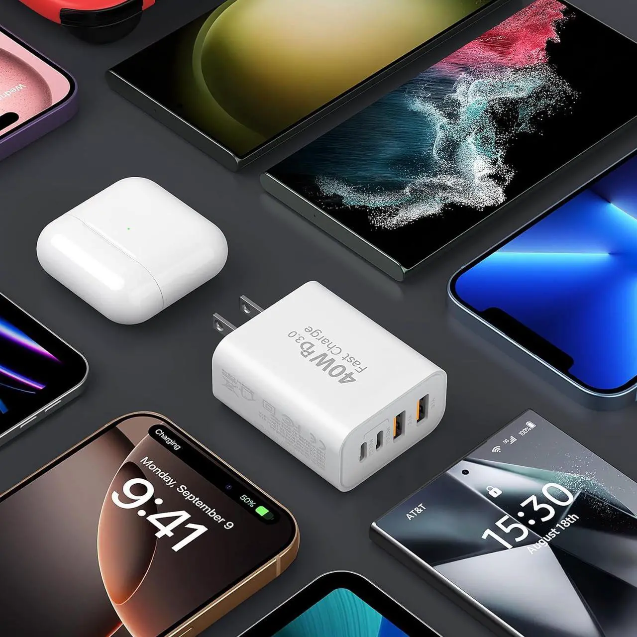 Alt view image 6 of 7 - USB C Fast Charger Block 40W 4-Port Type C Charger Fast Charging Block Cube PD Power Adapter+QC 3.0 USB A Charger Wall Plug Type C Brick Box for iPhone 16/15/14/13/12/11 Pro Max iPad  2Pack