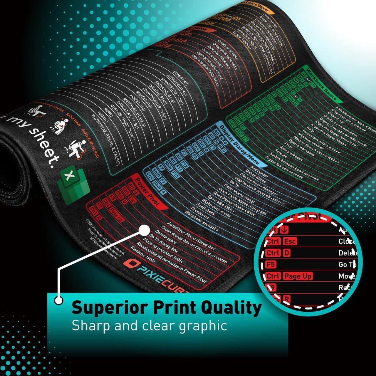 Alt view image 3 of 7 - Excel Shortcut Keys Mouse Pad - Extended Large XXL Cheat Sheet Gaming Mousepad | PC Office Spreadsheet Keyboard Mat | Non-Slip Stitched Edge