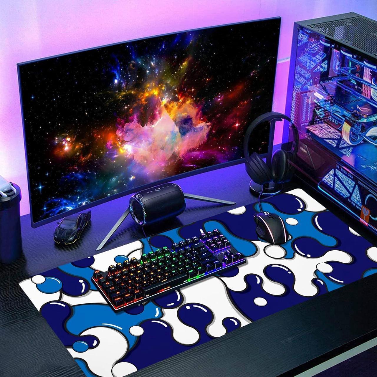 Alt view image 7 of 7 - Navy Blue White Mouse Pad Anime Cool Geometric Japanese Extended Desk Mat 90X40 CM Non-Slip Rubber Base Stitched Edge Large XXL Mousepad for Gaming Laptop Computer Desktop 35.4×15.7 Inch