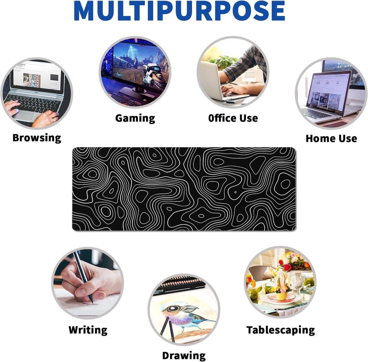 Alt view image 7 of 7 - Topographic Contour Gaming Mouse Pad Black Large Mouse Pad for Keyboard and Mousepad Desk Mat with 3mm Non-Slip Base and Stitched Edge for Gaming and Office Computer Mat Protector Mat 31.5x11.8 Inch
