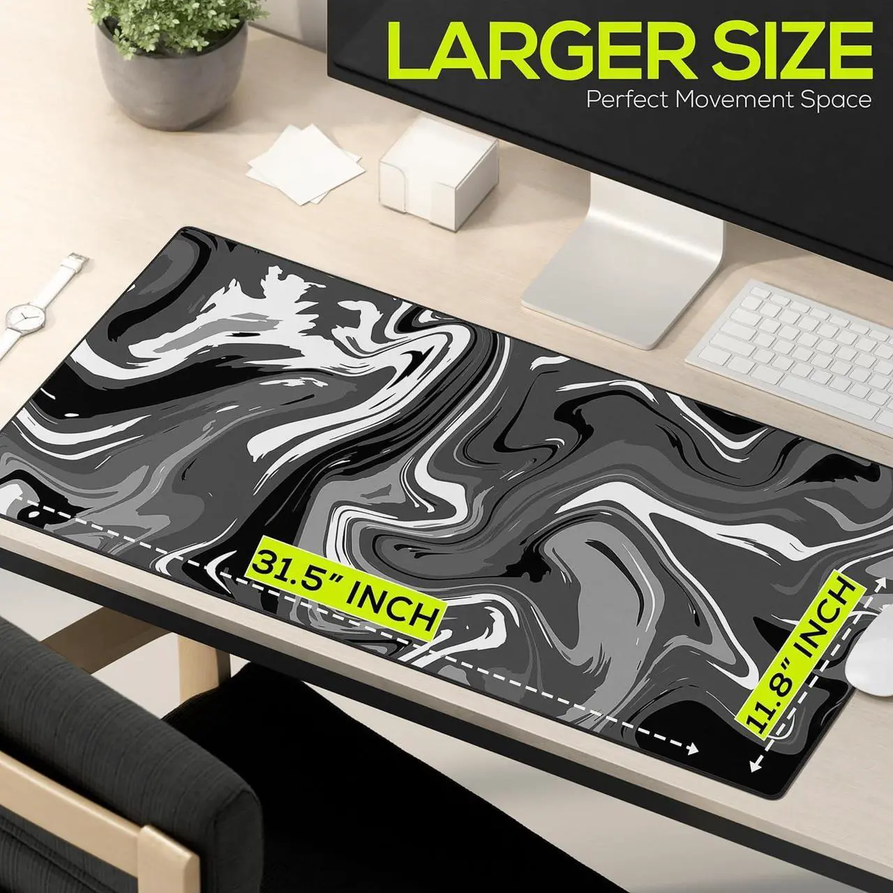 Alt view image 6 of 7 - Gaming Mouse Pad Spill-Proof Extended Large Marble Fluid Design Non-Slip 31.5x11.8 XL Mousepad Smooth Surface Desk Mat for Work Home Office (Black and White)