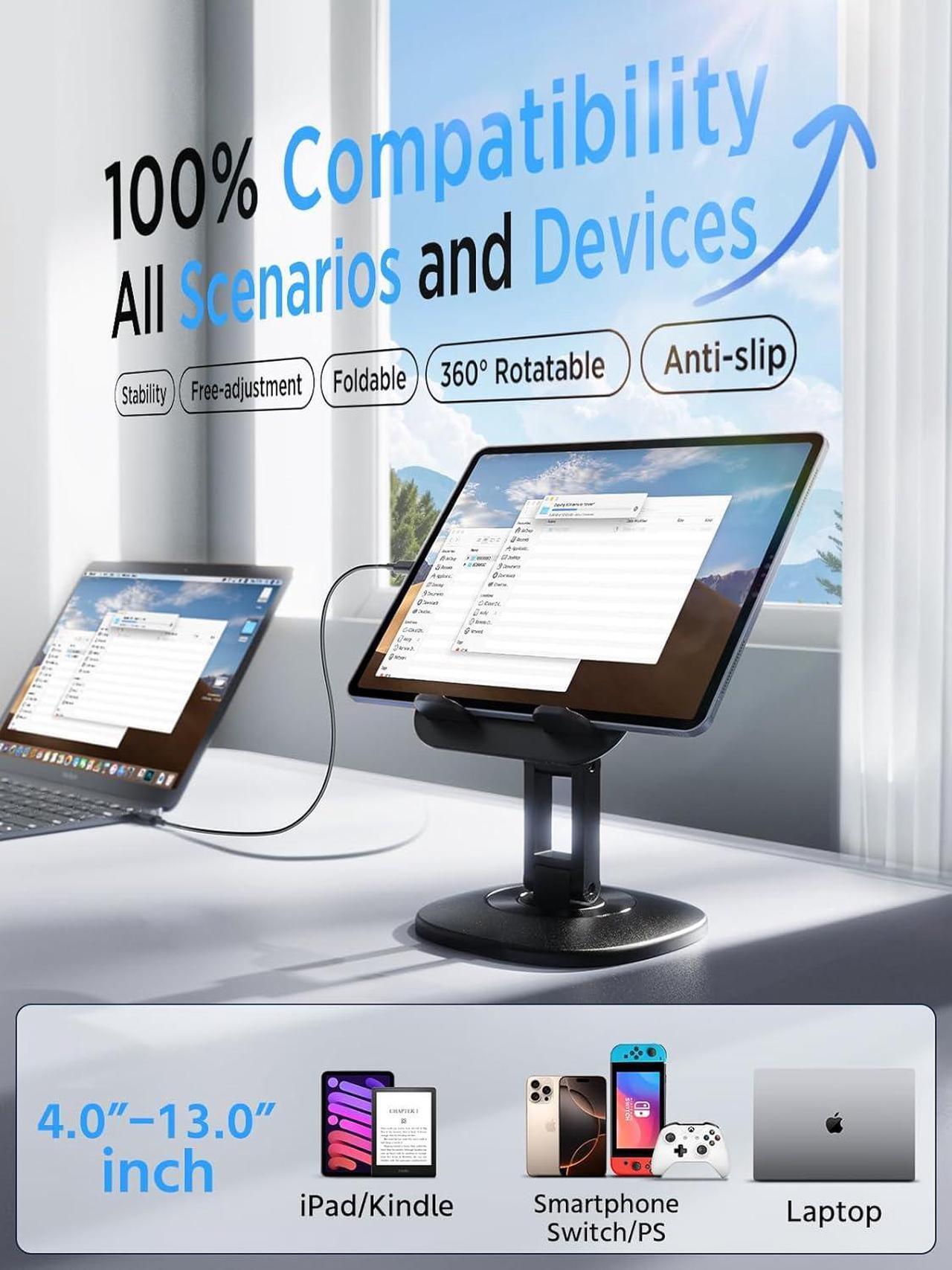 Alt view image 2 of 7 - iPad Stand for Desk Foldable 360° Rotating Tablet Stand Super Stable & Portable iPad Tablet Holder for Office Kitchen Compatible with 4-13 iPad Pro Air Mini/Kindle/iPhone/Galaxy/Monitor/Switch