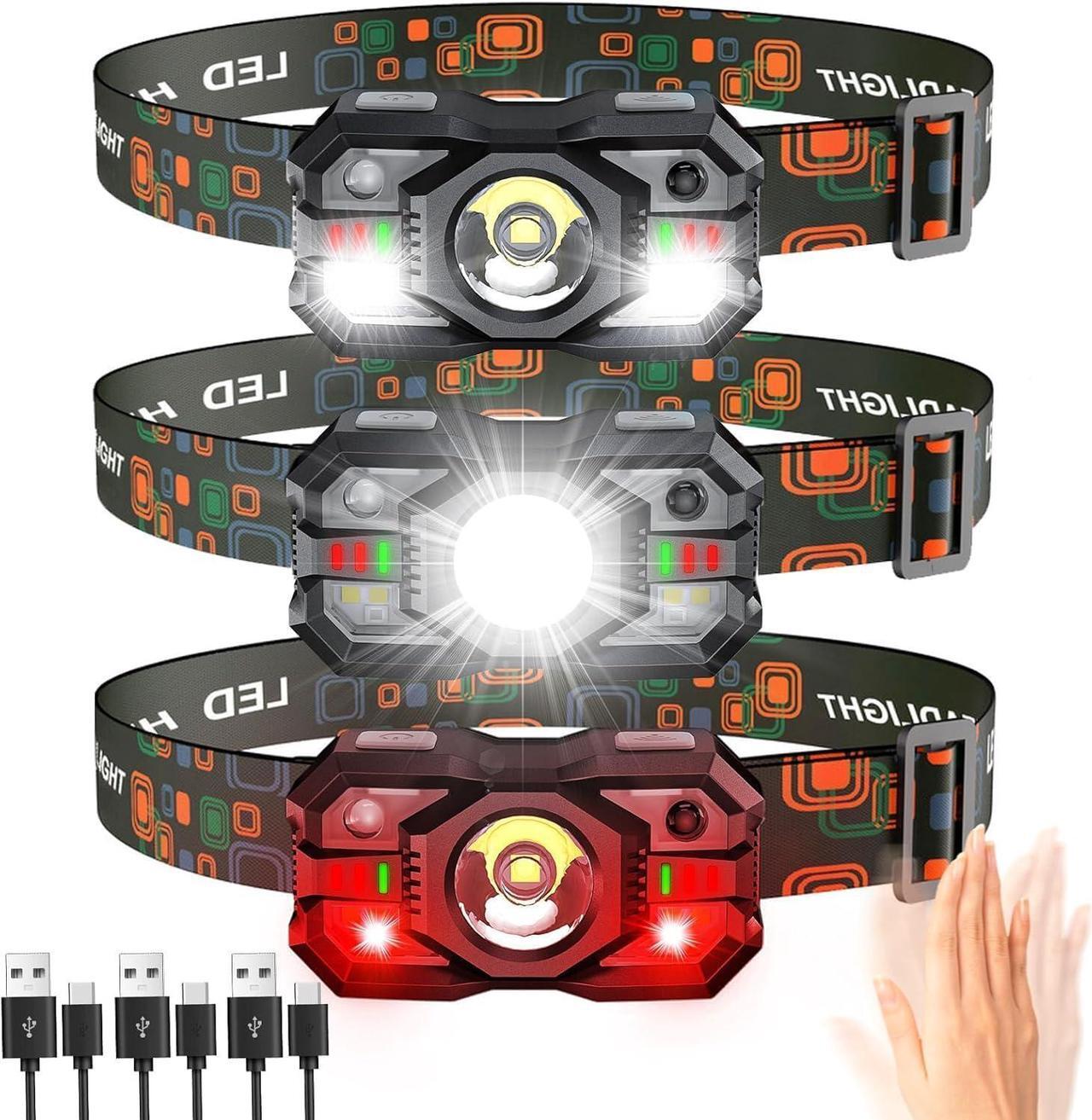 Main image of Rechargeable Headlamp Flashlight 3-Pack 2000 Lumen Super Bright LED Headlight with Red Light Motion Sensor for Adults Kid Waterproof Lightweight Head Lamp for Outdoor Camping Running Hiking Fishing