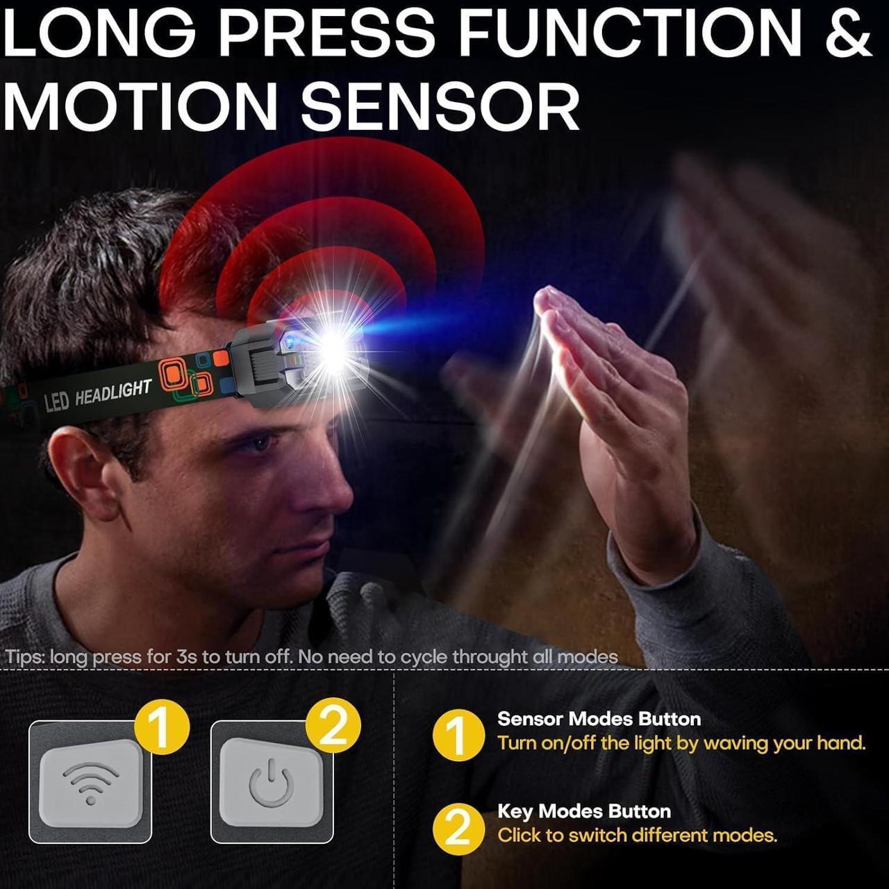 Alt view image 2 of 6 - Rechargeable Headlamp Flashlight 3-Pack 2000 Lumen Super Bright LED Headlight with Red Light Motion Sensor for Adults Kid Waterproof Lightweight Head Lamp for Outdoor Camping Running Hiking Fishing