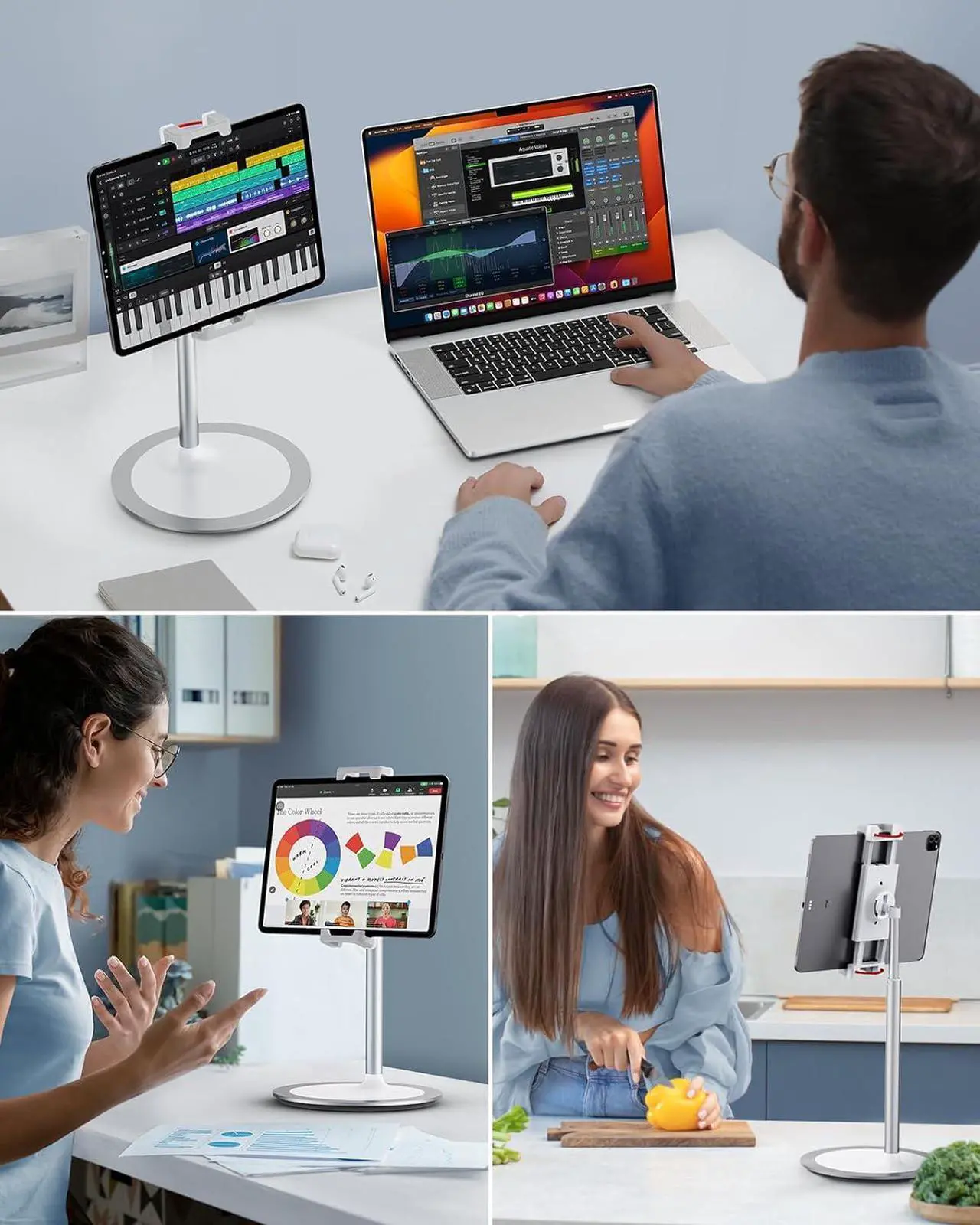Alt view image 2 of 6 - Tablet Stand Holder Height Adjustable Portable Monitor Stand 360 Degree Rotating Aluminum Alloy Cradle Mount Dock for 4.7-15.6 Screen iPhone  iPad Kindle eBook Reader (Silver)