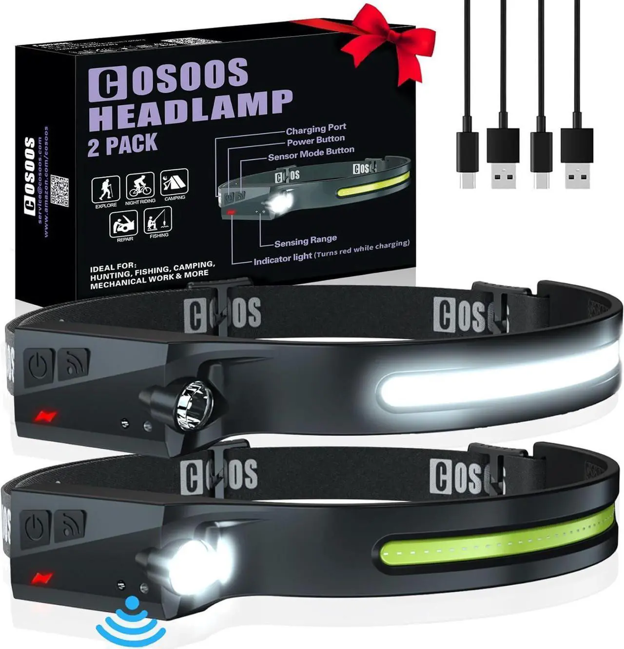 Main image of 2 LED Headlamp Rechargeable Flashlight Bright Headlight Adjustable Headband for Kids & Adults 1000Lumen Wide Beam & Spot Light Motion Sensor 2.4oz Lightweight Hiking & Camping Gear