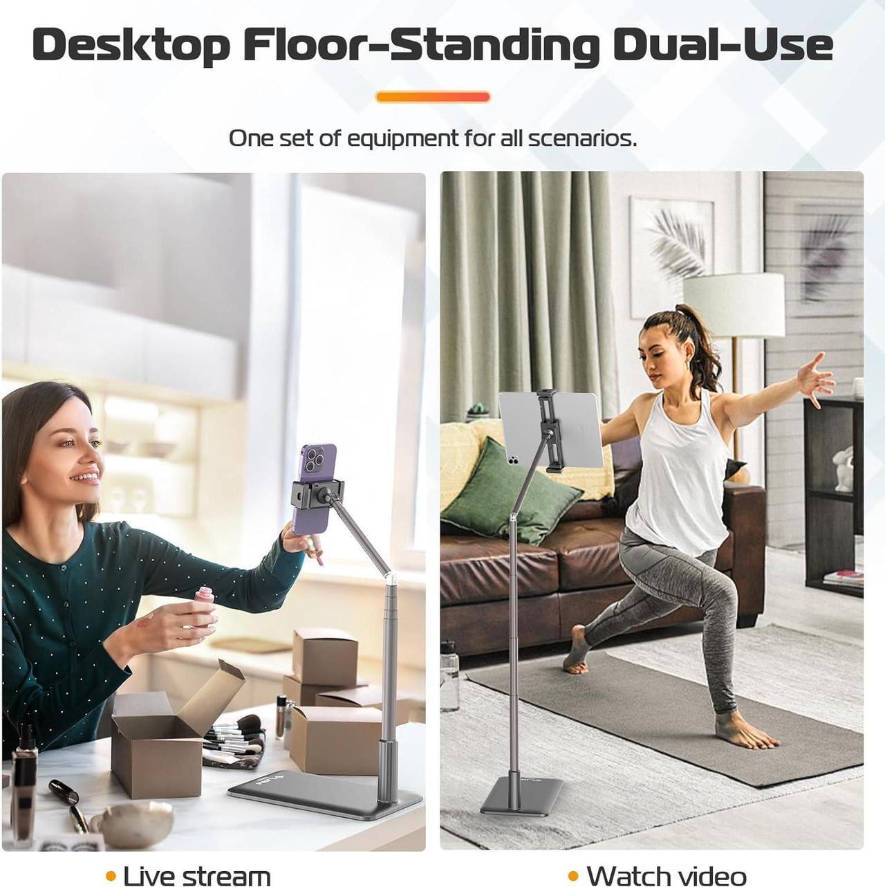 Alt view image 2 of 7 - Tablet Floor Stand Holder Phone Stand for Recording Adjustable Cell Phone & Tablet Stand for Floor Compatible with iPad Pro iPad Air iPad Mini Galaxy Tab iPhone & 4.6-12.9 Inch Devices
