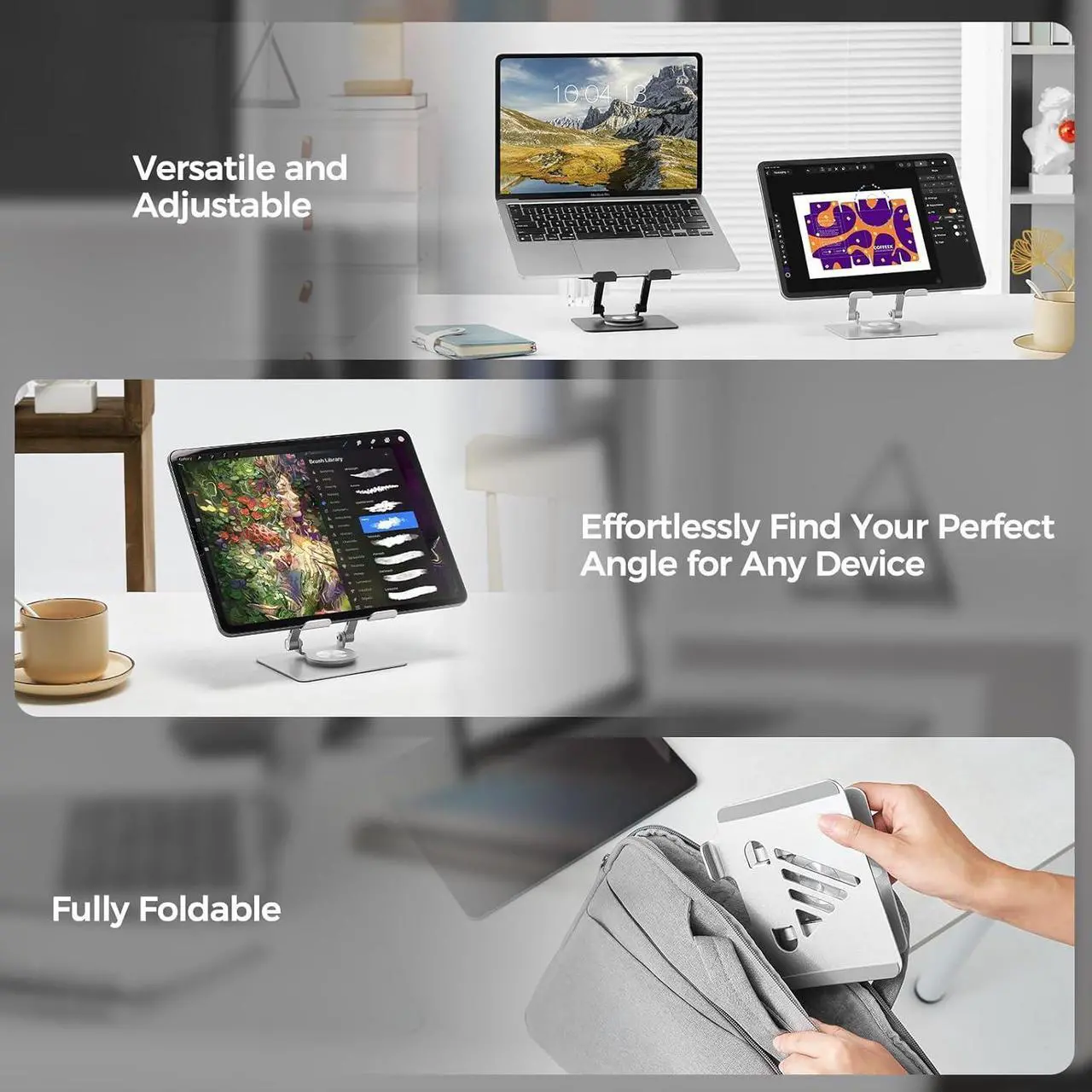 Alt view image 3 of 7 - Tablet Stand for iPad Stand for Desk Adjustable&Foldable iPad Pro Holder Portable Monitor Stand with 360° Rotating Base Holder for iPad Pro Fit for Computer Office Desk Accessories(Black)