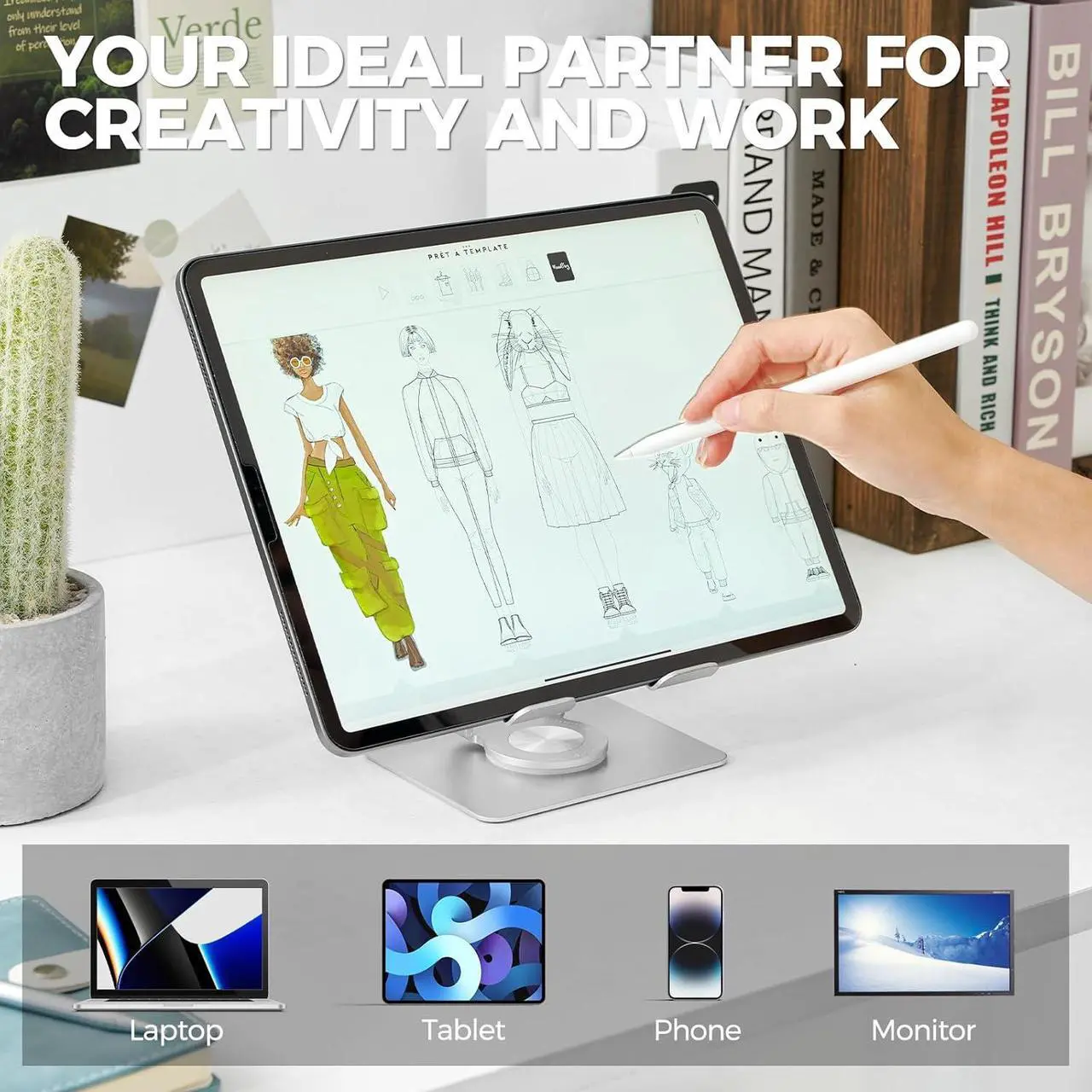 Alt view image 6 of 7 - Tablet Stand for iPad Stand for Desk Adjustable&Foldable iPad Pro Holder Portable Monitor Stand with 360° Rotating Base Holder for iPad Pro Fit for Computer Office Desk Accessories(Black)