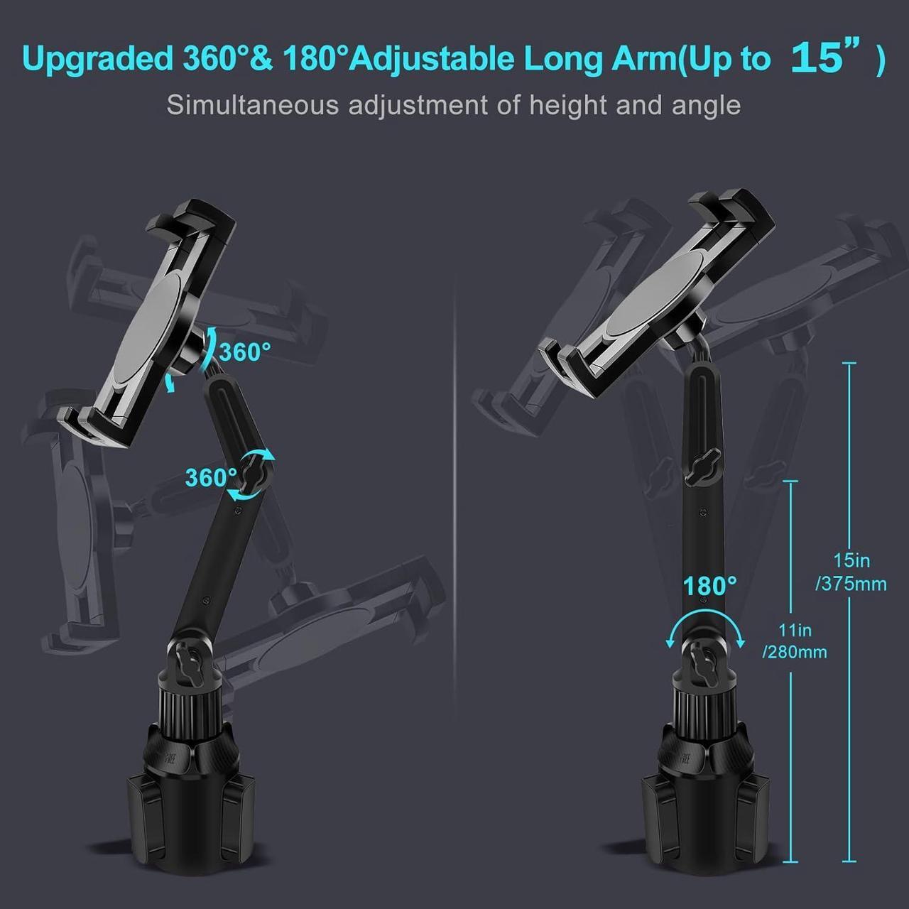 Alt view image 4 of 7 - Cup Holder Car Tablet Mount for Truck 360° Adjustable 15 Long 2-Arm Stand Holder for iPad Pro 12.9/11/10.5/9.7/Air/Mini 6/5/4  Galaxy Tab/Z Fold 6/5/4 iPhone 16/15/Pro 4.7-12.9 Tab &Phone
