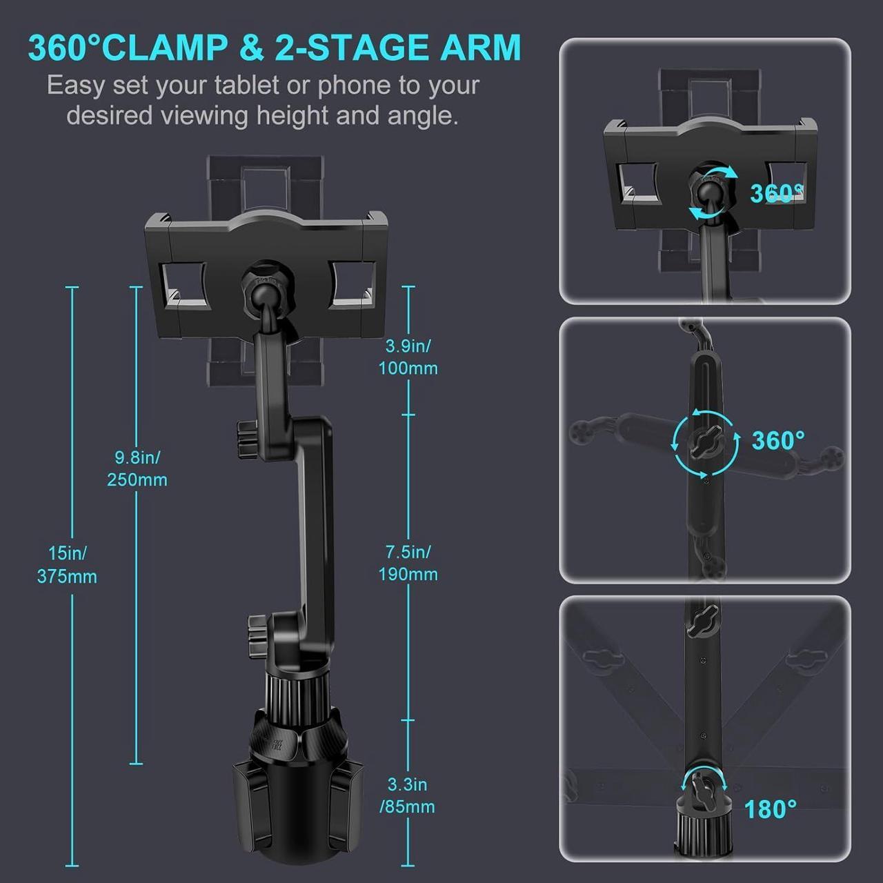 Alt view image 5 of 7 - Cup Holder Car Tablet Mount for Truck 360° Adjustable 15 Long 2-Arm Stand Holder for iPad Pro 12.9/11/10.5/9.7/Air/Mini 6/5/4  Galaxy Tab/Z Fold 6/5/4 iPhone 16/15/Pro 4.7-12.9 Tab &Phone