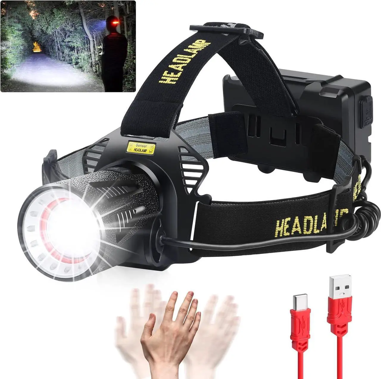 Main image of Headlamp Rechargeable 150000LM Super Bright Headlamp for Adults with Motion Sensors 7 Modes Zoomable IP68 Waterproof Head Flashlight for Camping Hunting Fishing (Batteries Included)