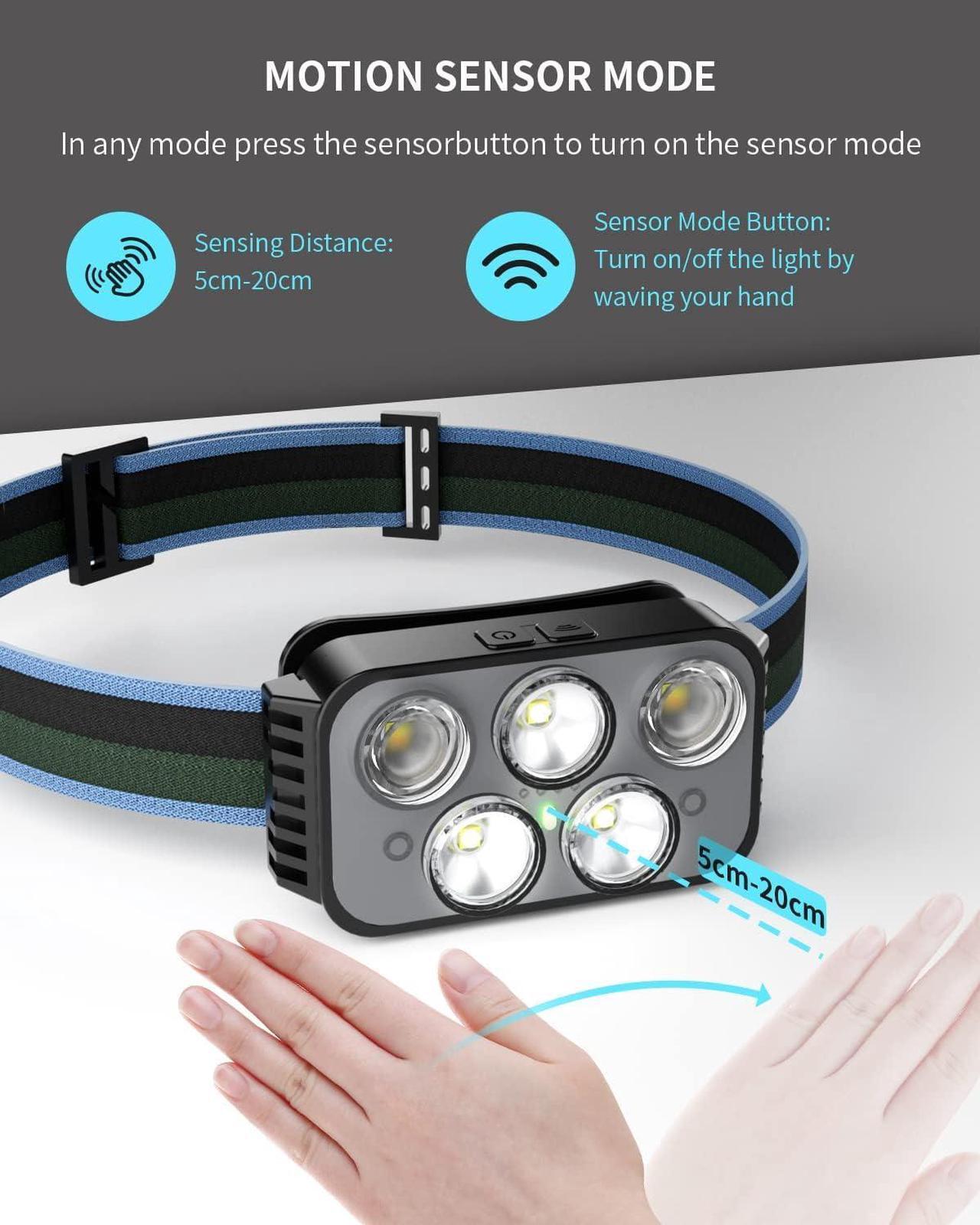 Alt view image 4 of 7 - Headlamp Rechargeable 400 Lumen Super Bright Motion Sensor LED Headlamps Waterproof Head Flashlights with White Red Light 6 Modes Headlamp Flashlight for Camping Cycling Running
