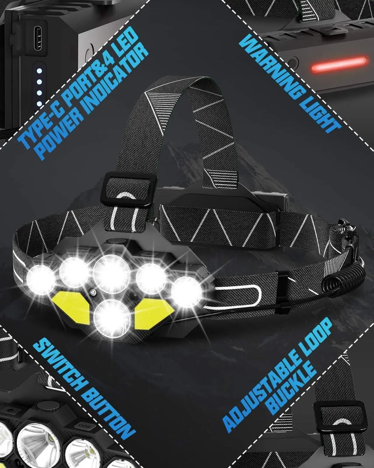 Alt view image 4 of 7 - Headlamp Rechargeable 18000 Lumen High Bright Head Lamp with Red Light 8 Led Headlamps for Adults with Motion Sensor Waterproof Head Light for Camping Fishing Hiking Hunting 9 Modes