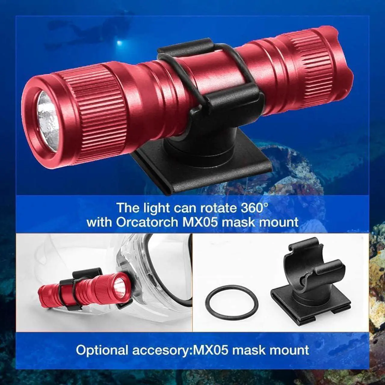 Alt view image 4 of 7 - D560 Mini Scuba Dive Light Headlamp 650 Lumen Mask Diving Flashlight with 360° Rotatable Mask Clip Underwater 150m Backup Headlight with Rotary Switch (Not Included Snorkel Mask) (Red)