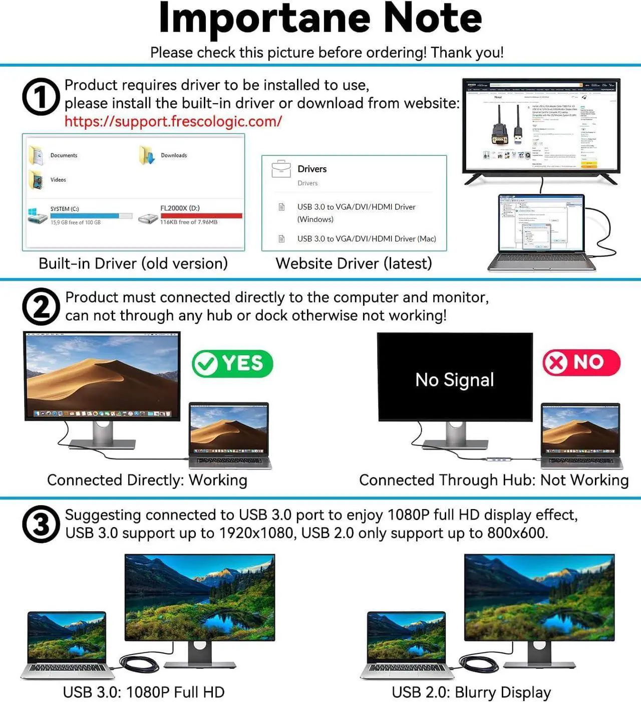Alt view image 2 of 7 - USB to VGA Adapter Cable 1080P Full HD USB 3.0 to 15Pin D-sub SVGA Monitor Display Video Converter Cord for Computer PC Laptop Compatible with Mac OS/Windows System (6.5FT Driver Required)