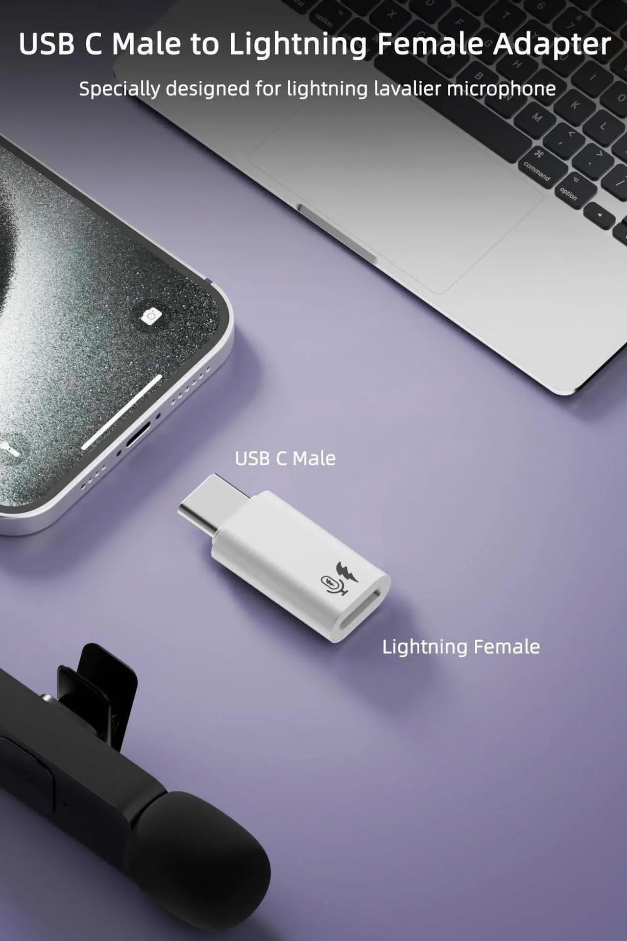 Alt view image 5 of 6 - 2 Pack USB C to Lavalier Microphone Adapter Type C Male Converter for iPhone Wireless Lavalier Microphone iPhone 16/15 Series iPad Air/Pro Not for Headphone and Data