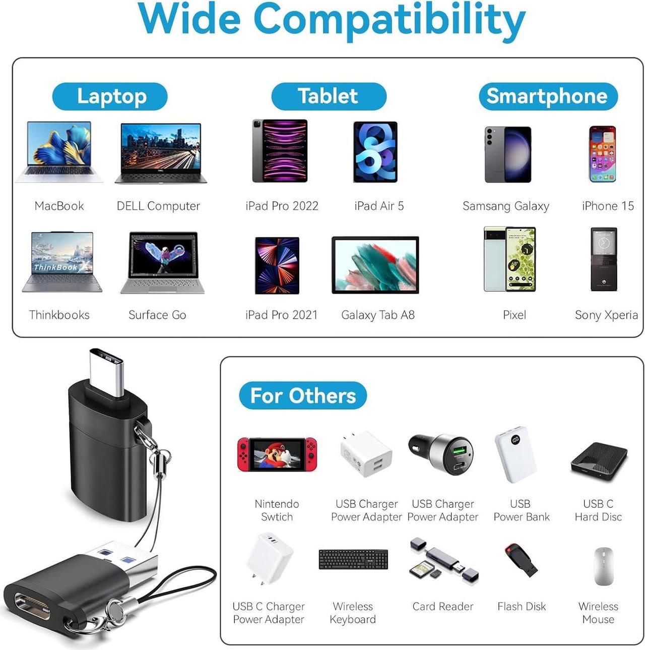 Alt view image 4 of 7 - 4 Pack USB to USB C Adapter 2Pack Type C Female to A Male Converter2Pack USB C Male to USB 3.0 Female OTG Converter for Apple Watch Ultra 8 9 iPhone 16 15 Pro Max 14 13 AirPods Samsung S24S Black