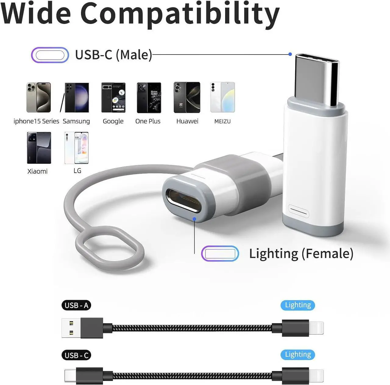 Alt view image 7 of 7 - 4 Pack Lightning to USB C Adapter for iPhone 15/16/16 Pro Max/Plus  S24 Support Charging & Data Transfer Type C Charger Connector Cable Lightning Female to USB C Male Adapter Not for Audio