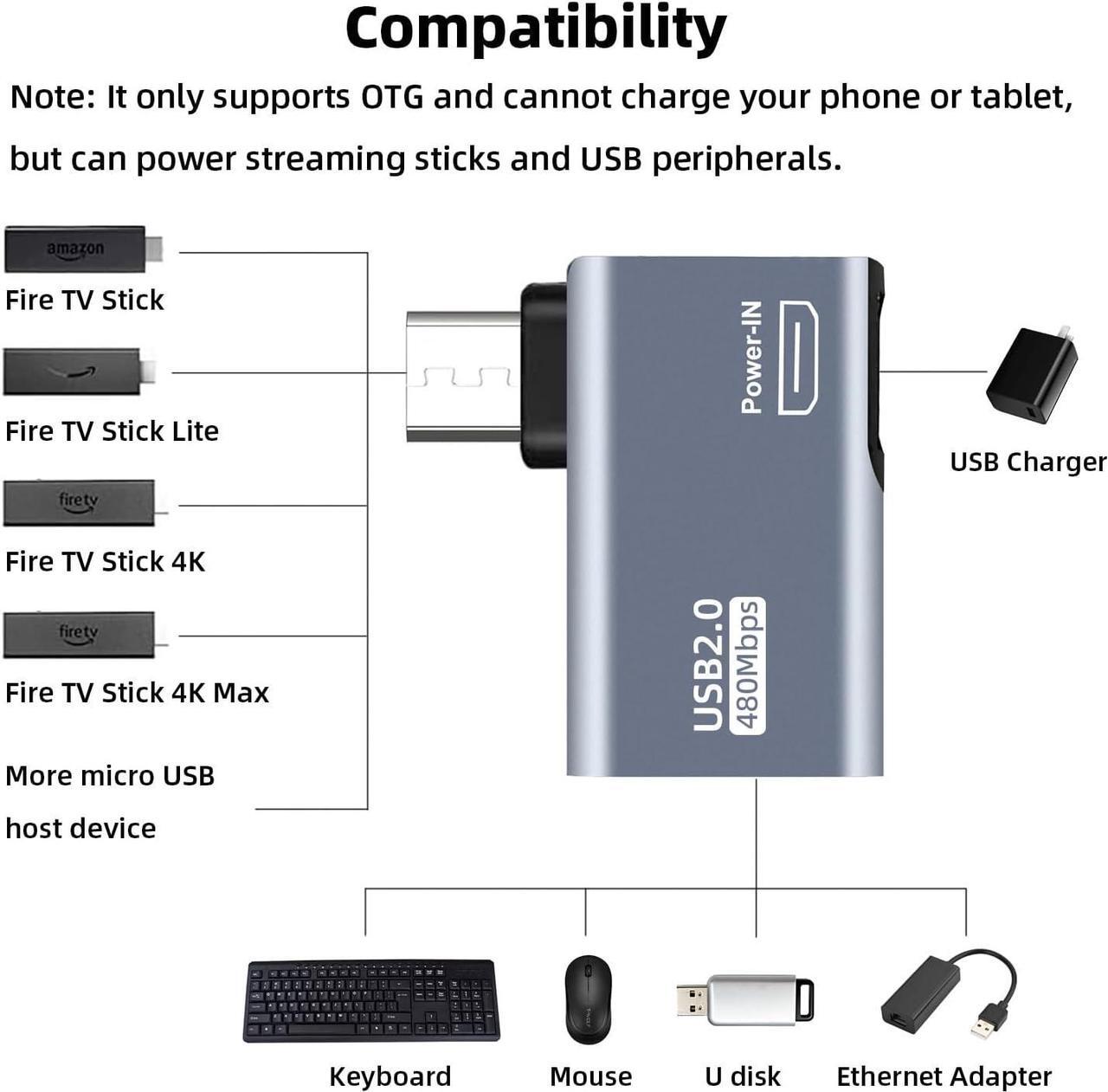 Alt view image 5 of 6 - 2 Pack OTG Cable Adapter for Fire TV Stick 4K 90 Degree Left and Right Angle Powered Micro USB to USB OTG Adapter for Android Phone Tablet and More Host Devices with Micro USB (Grey)
