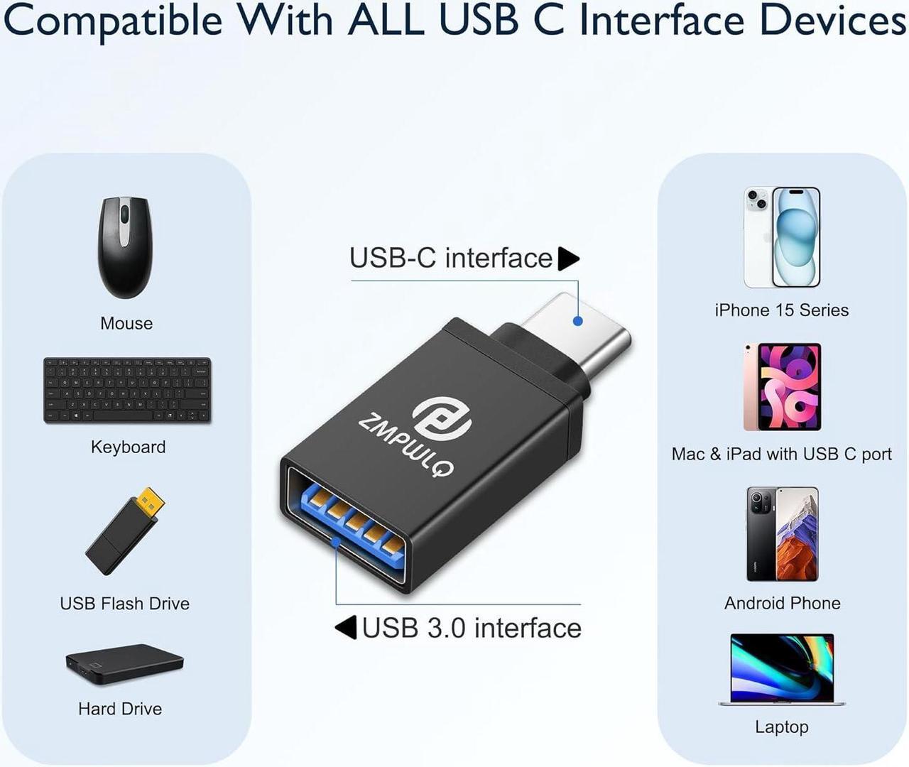 Alt view image 2 of 7 - USB to-USB-C-Adapter 2 Pack USB 3.0 to USB Type C Adapter OTG-Charger-Cable-Converter 5Gbps High-Speed USB 3.0 for iPhone 15 Series iPad Mini Pro MacBook Pro Air Android Phone
