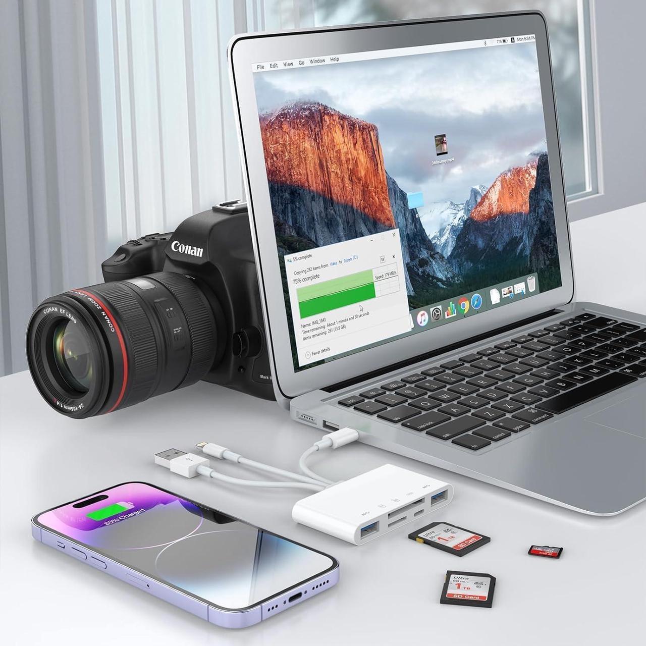 Alt view image 3 of 7 - 8-in-1 Memory Card Reader MFi Certified Lightning USB-C USB to Micro SD & SD Card Slots USB OTG Adapter Card Reader for iPhone 16/15/14/MacBook/iPad Plug and Play Supports SD/Micro SD/SDHC/SDXC/MMC