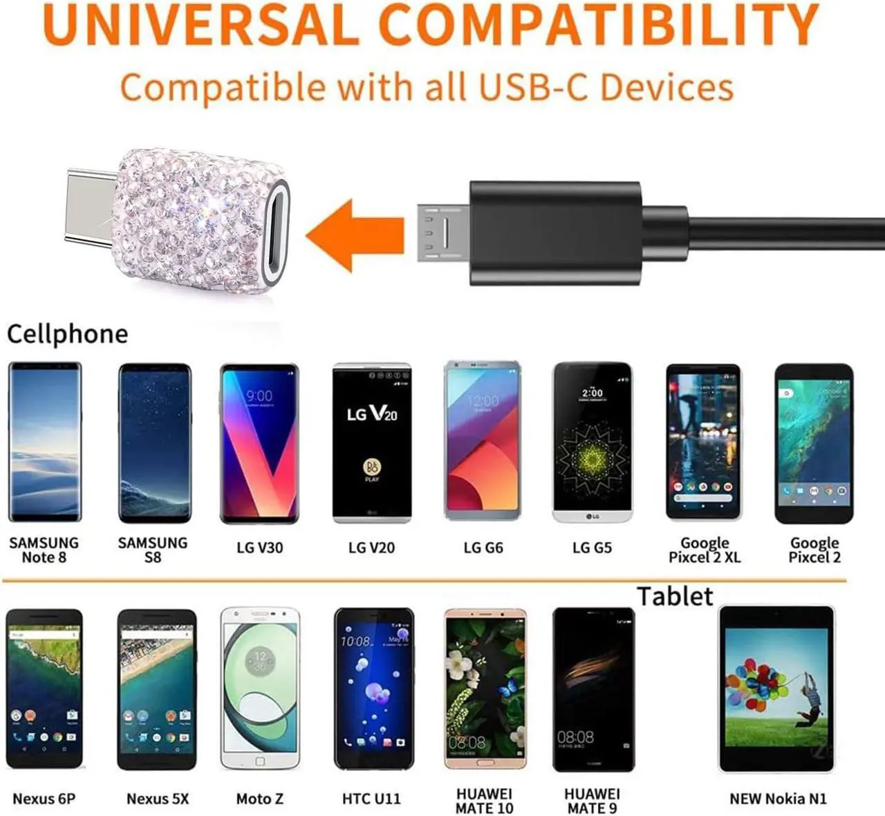 Alt view image 5 of 7 - USB C to Micro USB Female Adapter (2 Pack) USB Type C Adapter Converter Android Cable Connector Bling OTG Adapter Support Charge & Sync