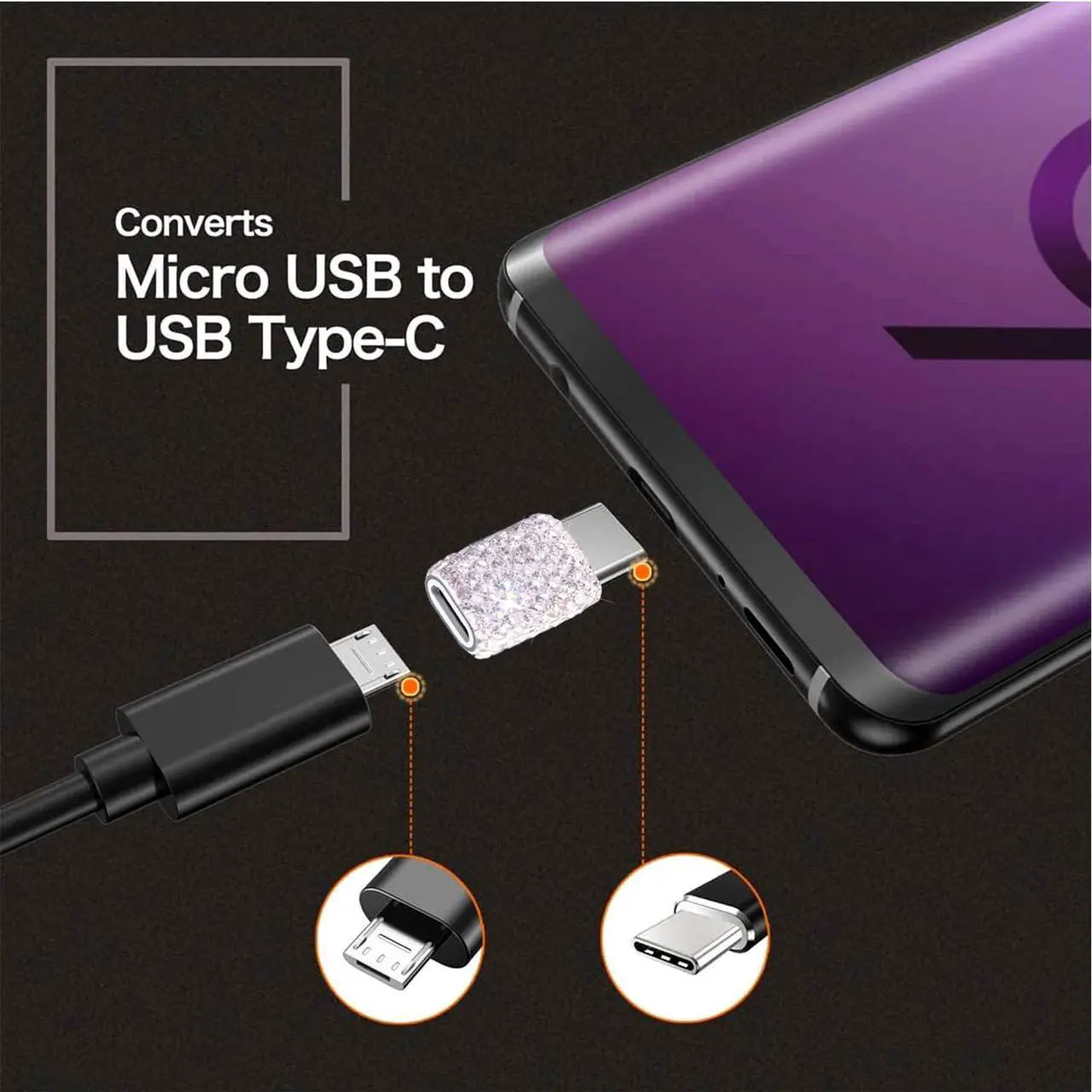 Alt view image 6 of 7 - USB C to Micro USB Female Adapter (2 Pack) USB Type C Adapter Converter Android Cable Connector Bling OTG Adapter Support Charge & Sync