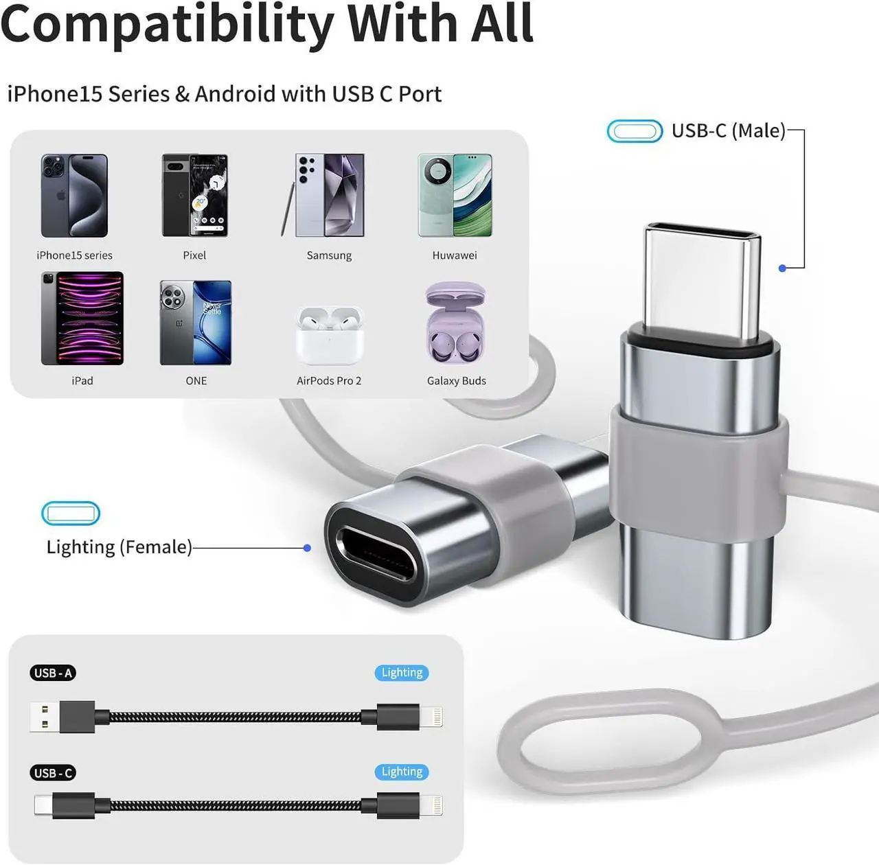 Alt view image 7 of 7 - 2 Pack Lightning to USB C Adapter for iPhone 15/16/16 Pro Max/Plus  S24 Support Charging Type C Charger Connector Cable Lightning Female to USB C Male Adapter Not for Audio Gray