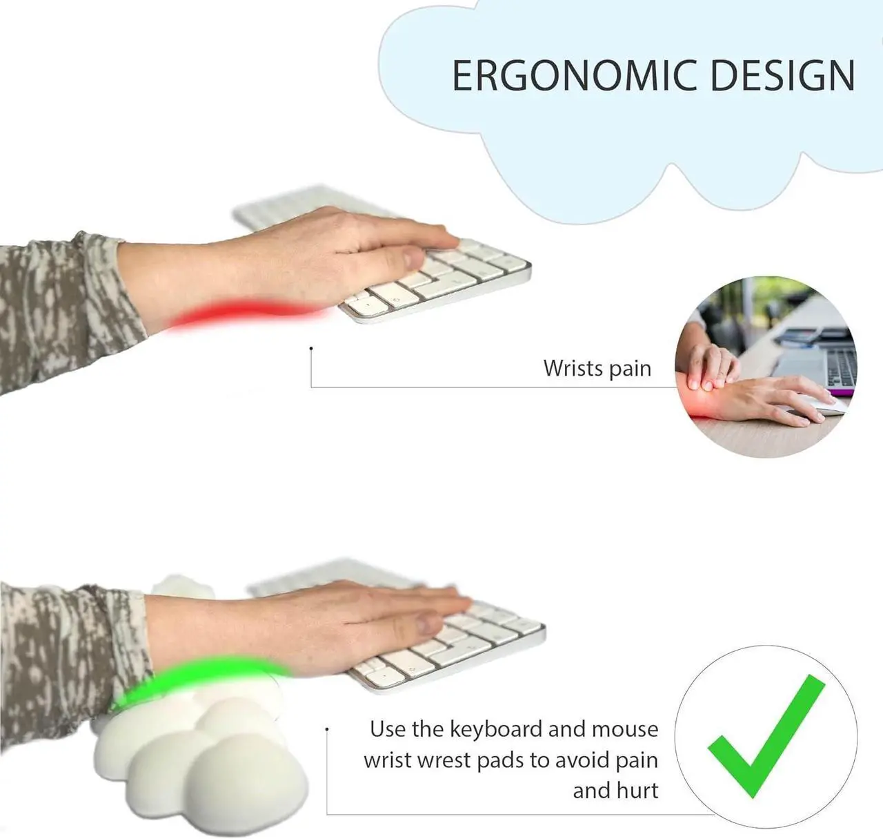 Alt view image 5 of 7 - NomadTrends Cloud Keyboard Wrist Rest - Wrist Support for Keyboard - Cloud Wrist Rest Keyboard - Keyboard Rest - Cute Keyboard Wrist Rest - Arm Support - Leather Memory Foam - White