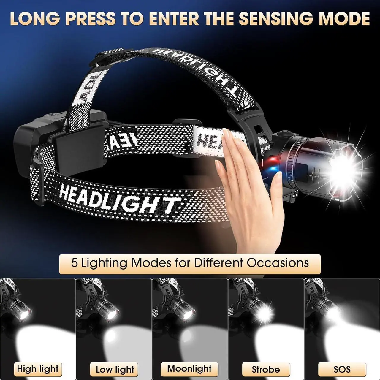 Alt view image 3 of 7 - Super Bright Headlamp Rechargeable 2 Pack High Lumen LED Head Lamp with Motion Sensor 5 Modes Zoomable Head Light for Forehead 90° Adjustable Waterproof Headlamps for Adults Hard Hat Camping