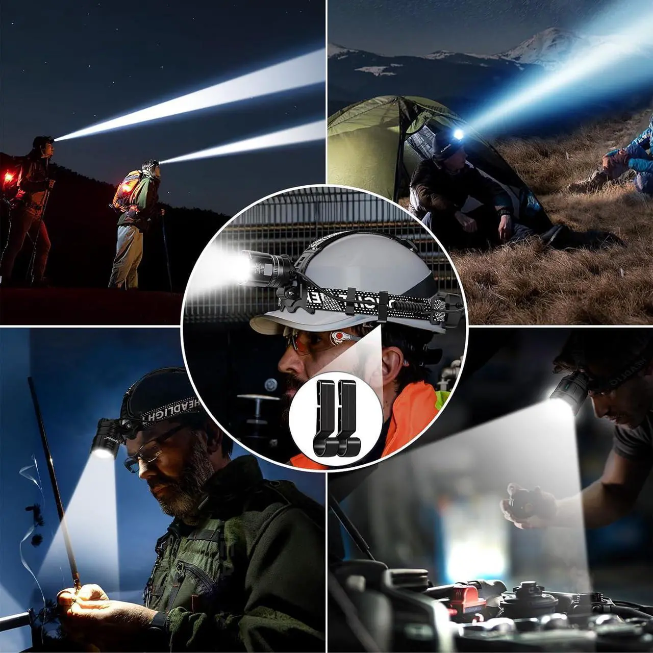 Alt view image 7 of 7 - Super Bright Headlamp Rechargeable 2 Pack High Lumen LED Head Lamp with Motion Sensor 5 Modes Zoomable Head Light for Forehead 90° Adjustable Waterproof Headlamps for Adults Hard Hat Camping