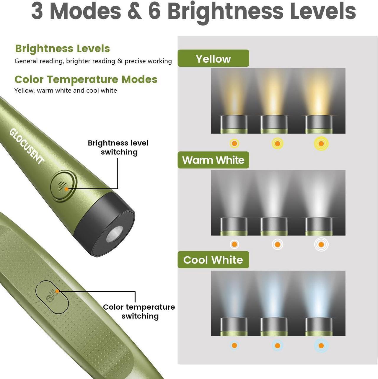 Alt view image 2 of 6 - Book Light 3-Color & 6-Brightness Reading Light Bendable Neck Light 80-hr Lasting Rechargeable Lamp Perfect Book Light for Reading in Bed Knitting Camping Repairs(Green)