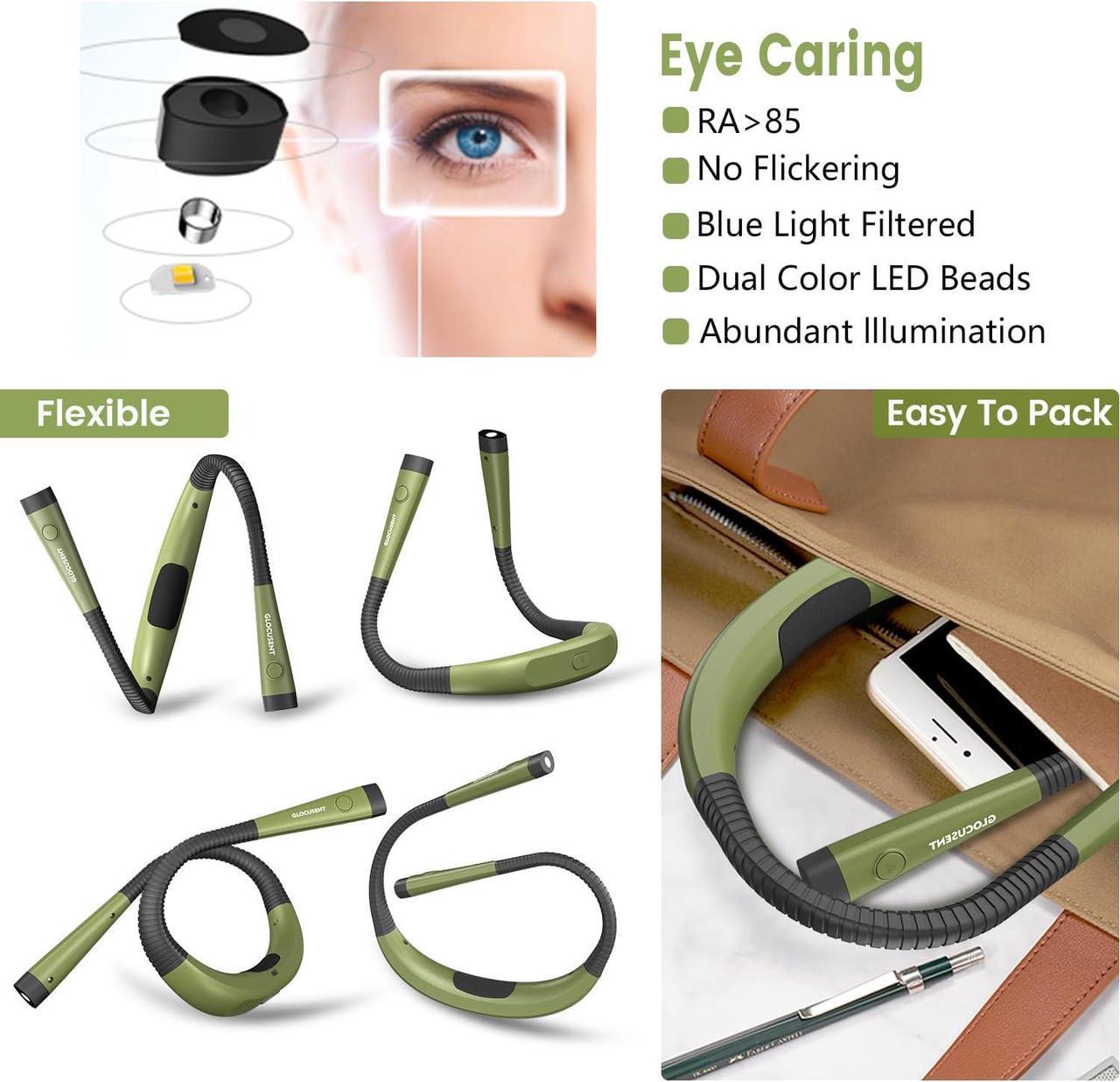 Alt view image 4 of 6 - Book Light 3-Color & 6-Brightness Reading Light Bendable Neck Light 80-hr Lasting Rechargeable Lamp Perfect Book Light for Reading in Bed Knitting Camping Repairs(Green)