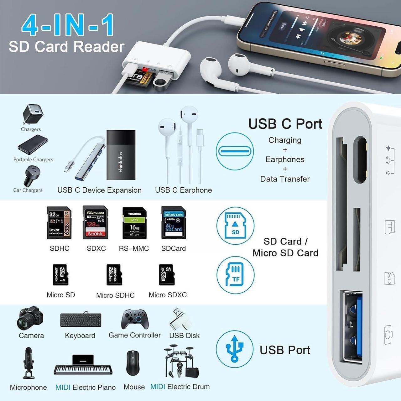 Alt view image 2 of 7 - 4-in-1 USB C SD Card Reader Micro SD to Type C OTG Adapter with SD MicroSD Type-C USB 4 Slots Memory Card Reader Compatible with iPhone 15/Pro Max/Pro/Plus iPad Pro MacBook Pro/Air Galaxy S8 to S24
