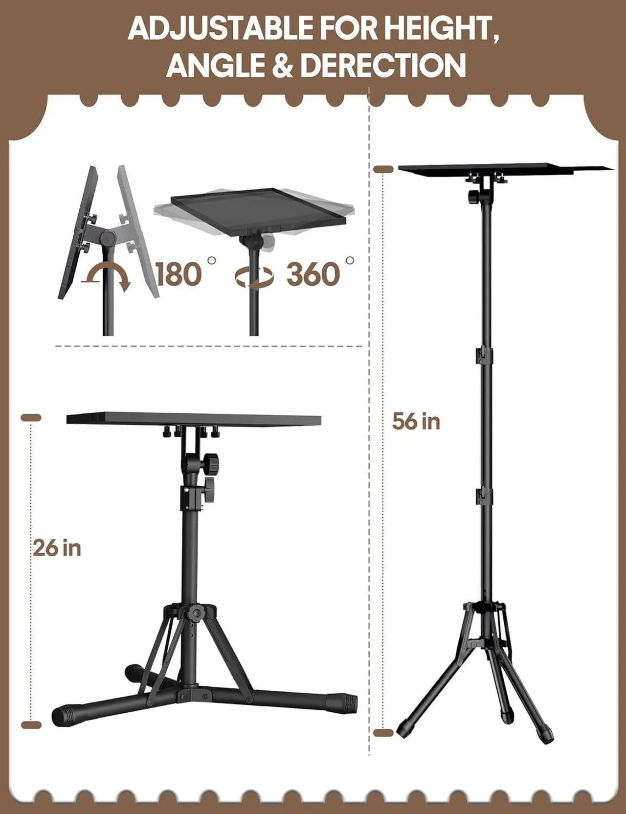Alt view image 4 of 7 - Projector Stand Tripod Adjustable Height 26 to 56 Foldable Laptop Tripod Stand with Mouse Tray Portable Laptop Floor Stand with Carrying Bag Stable Podium Stand for Office Home Stage Studio DJ