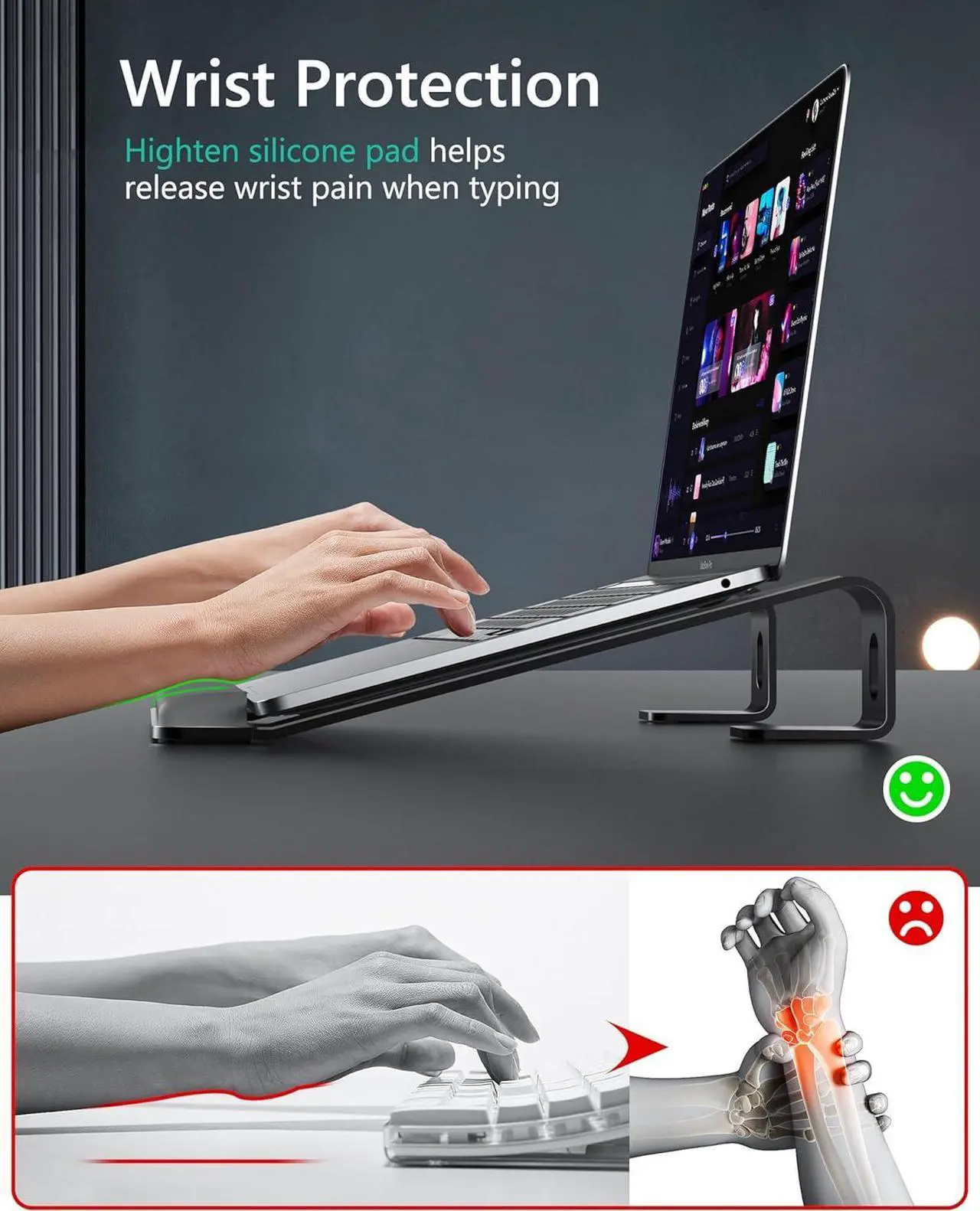 Alt view image 2 of 6 - Ergonomic Laptop Stand for Desk, Ergonomic Computer Stand with Wrist Rest, Aluminum Portable Laptop Stands Holder Mount for MacBook Air Pro, All 10-17" Laptop, Black