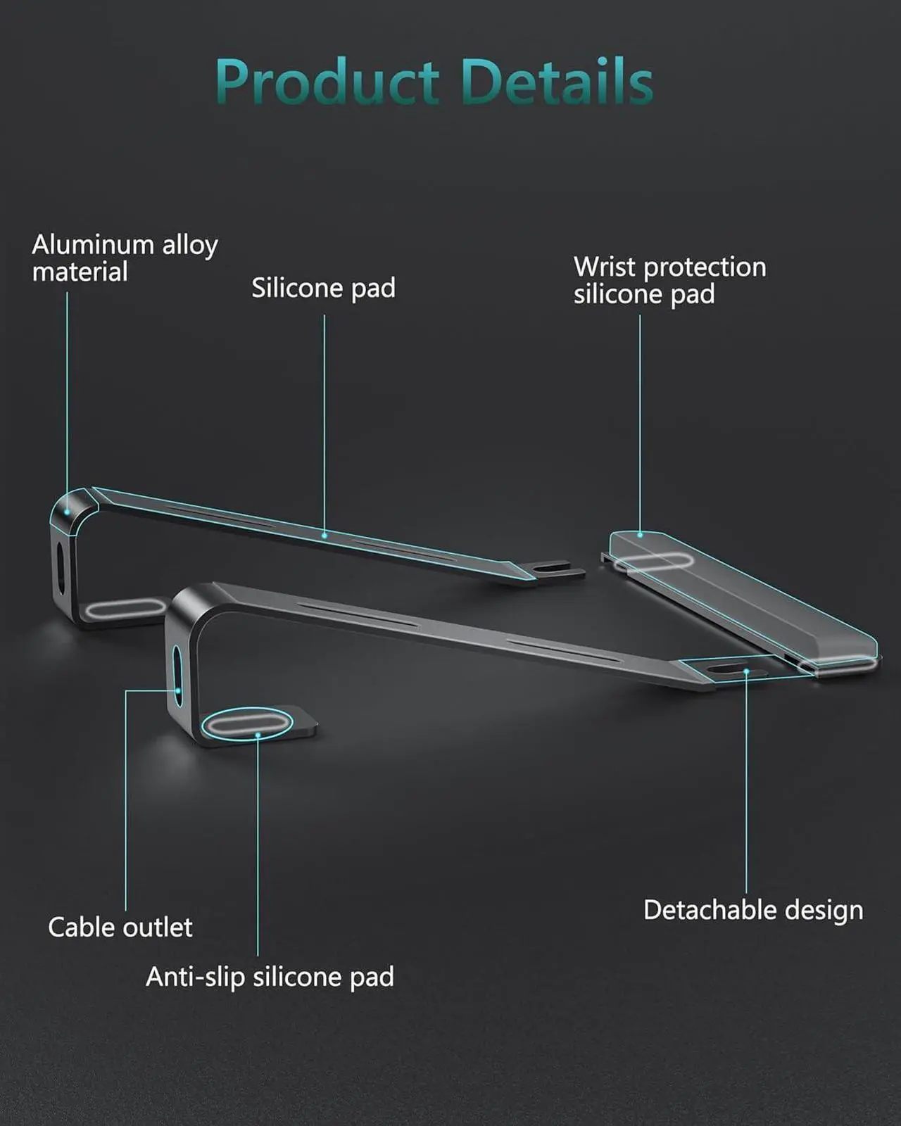 Alt view image 3 of 6 - Ergonomic Laptop Stand for Desk, Ergonomic Computer Stand with Wrist Rest, Aluminum Portable Laptop Stands Holder Mount for MacBook Air Pro, All 10-17" Laptop, Black