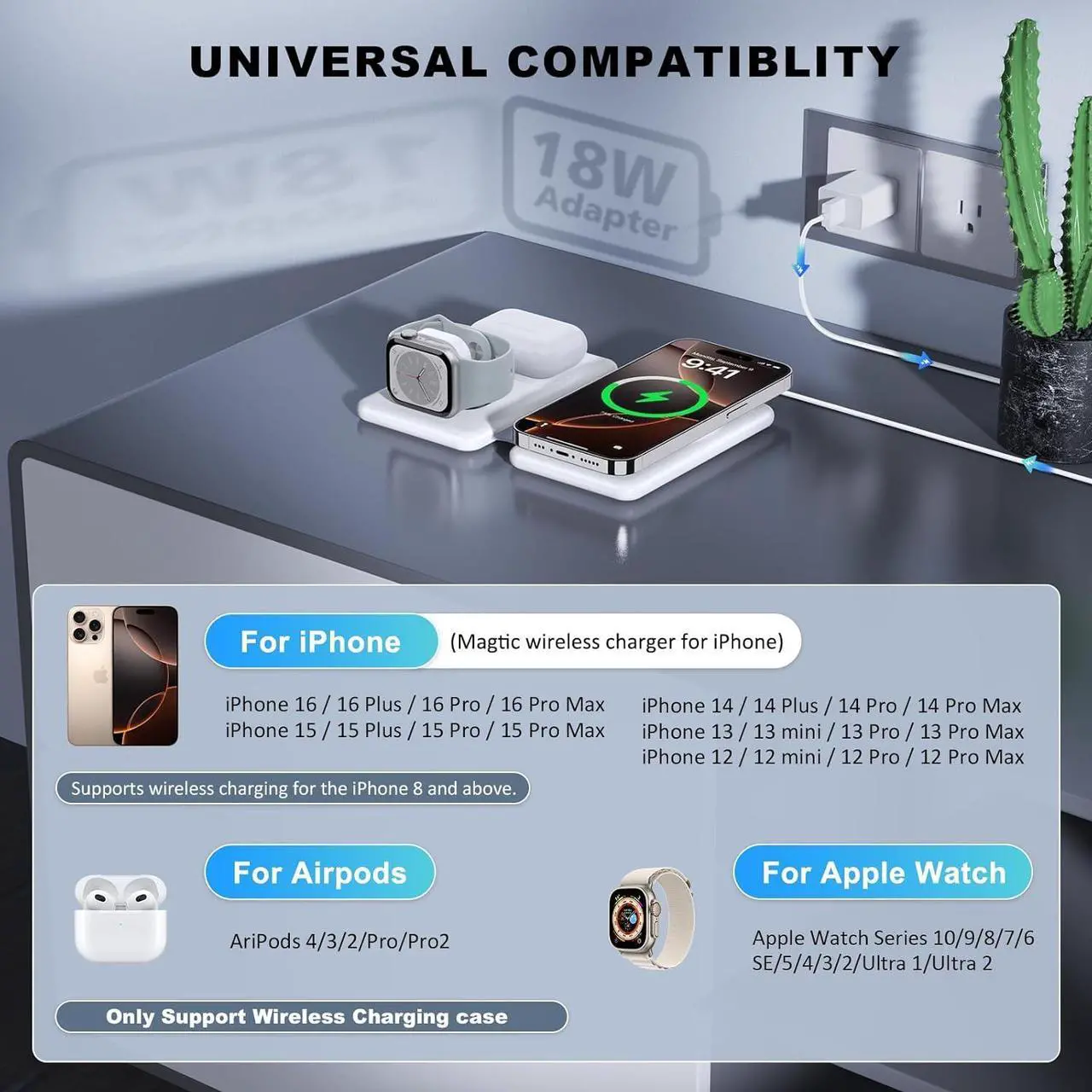 Alt view image 4 of 6 - Wireless Charger for iPhone-3 in 1 Charging Station for  Multiple Devices Travel Charger for iPhone 16 15 14 13 12 pro max & AirPods 4/3/Pro &  Watch