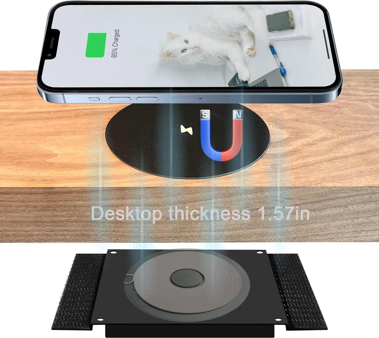 Main image of 40MM Magnetic Invisible Wireless Charger Under Desk 15W Furniture Wireless Charging Pad for Magsafe iPhone 15/14 (with PD Adapter) (Magsafe Desk Sticker Coil Included)