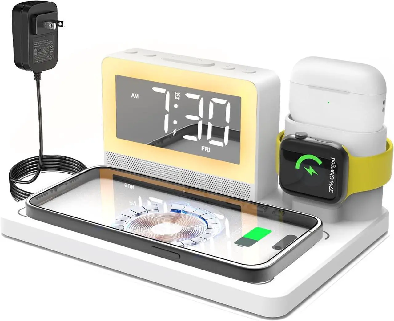 Main image of 5 in 1 Bedside Wireless Charging Station with Alarm Clock and 7 Color Night Light for Magsafe for iPhone for  Watch for Airpod Magnetic Cell Phone Charger Docking Stand for  Devices (White)