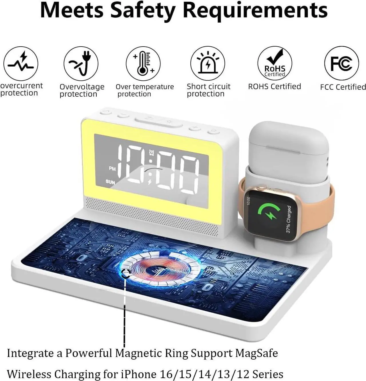 Alt view image 3 of 7 - 5 in 1 Bedside Wireless Charging Station with Alarm Clock and 7 Color Night Light for Magsafe for iPhone for  Watch for Airpod Magnetic Cell Phone Charger Docking Stand for  Devices (White)