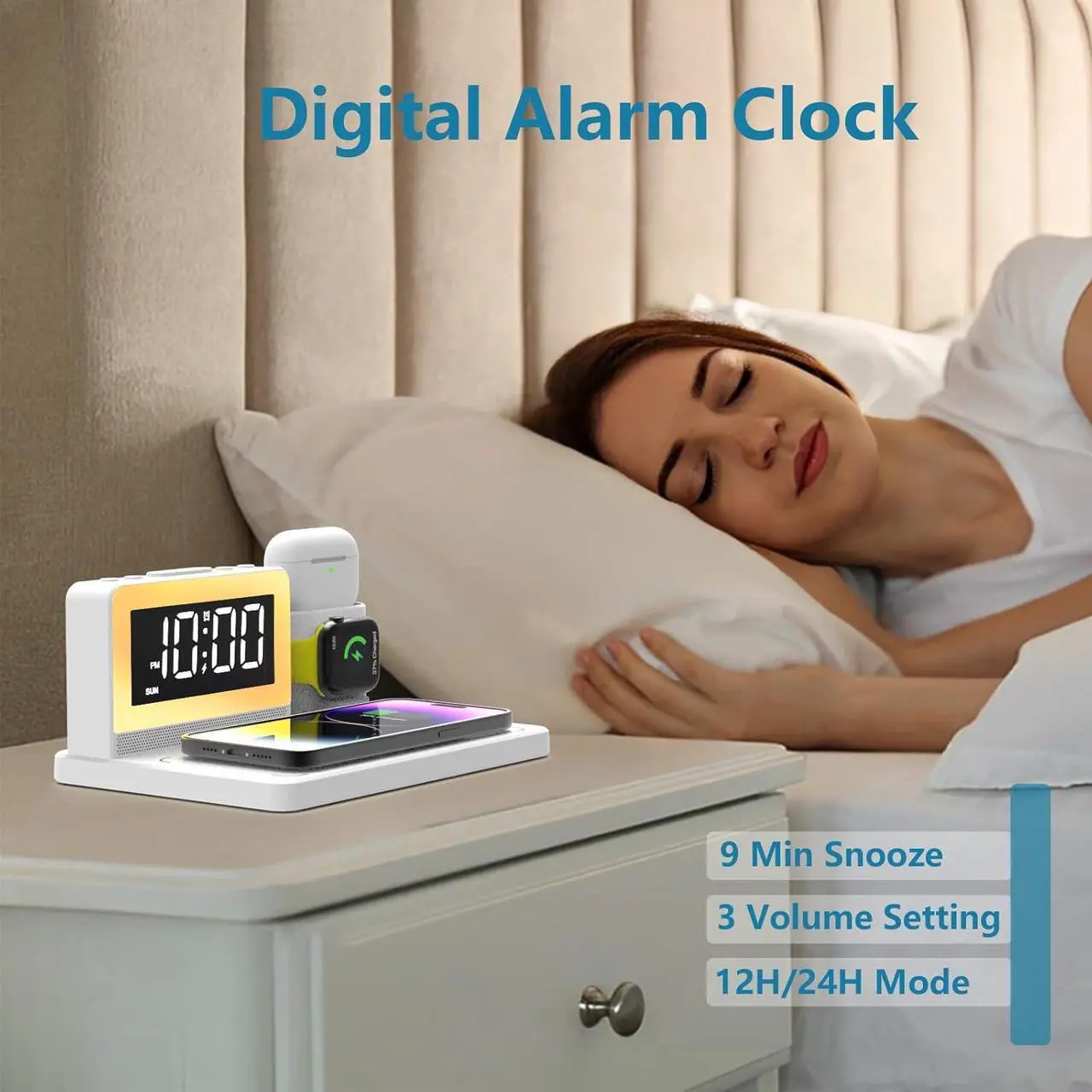 Alt view image 5 of 7 - 5 in 1 Bedside Wireless Charging Station with Alarm Clock and 7 Color Night Light for Magsafe for iPhone for  Watch for Airpod Magnetic Cell Phone Charger Docking Stand for  Devices (White)