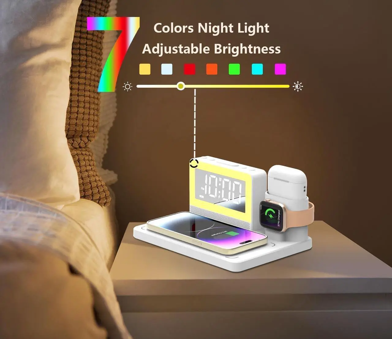 Alt view image 6 of 7 - 5 in 1 Bedside Wireless Charging Station with Alarm Clock and 7 Color Night Light for Magsafe for iPhone for  Watch for Airpod Magnetic Cell Phone Charger Docking Stand for  Devices (White)