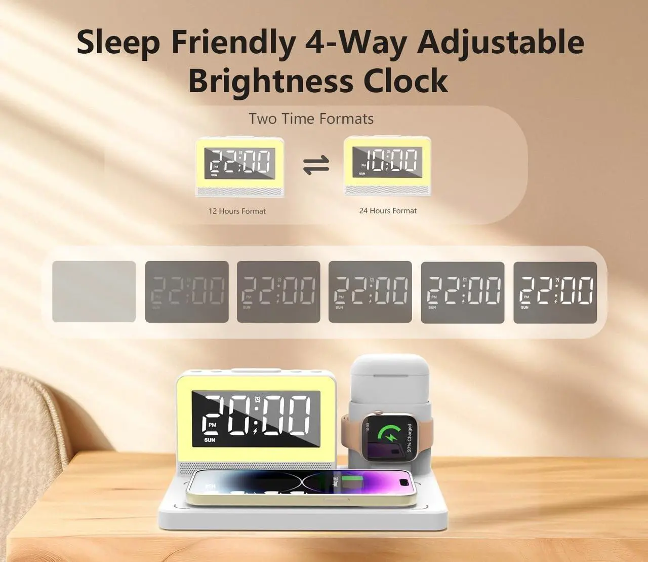 Alt view image 7 of 7 - 5 in 1 Bedside Wireless Charging Station with Alarm Clock and 7 Color Night Light for Magsafe for iPhone for  Watch for Airpod Magnetic Cell Phone Charger Docking Stand for  Devices (White)